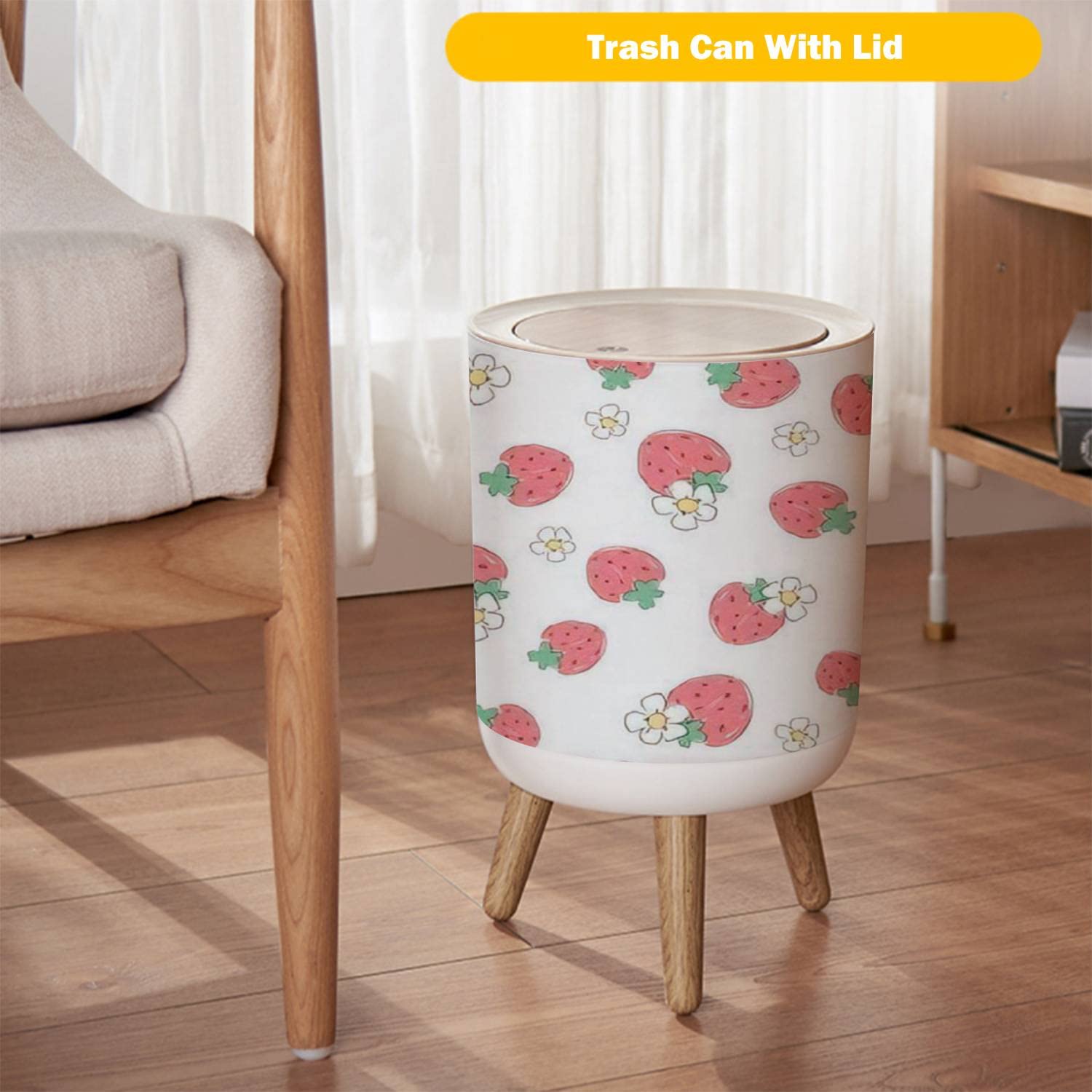 Strawberry Print Small Trash Can with Lid - 7L/1.8 Gallon Seamless Fruit Design Waste Bin with Wood Legs & Press Cover - Perfect for Kitchen, Bathroom, Office & Dorm Room Decor
