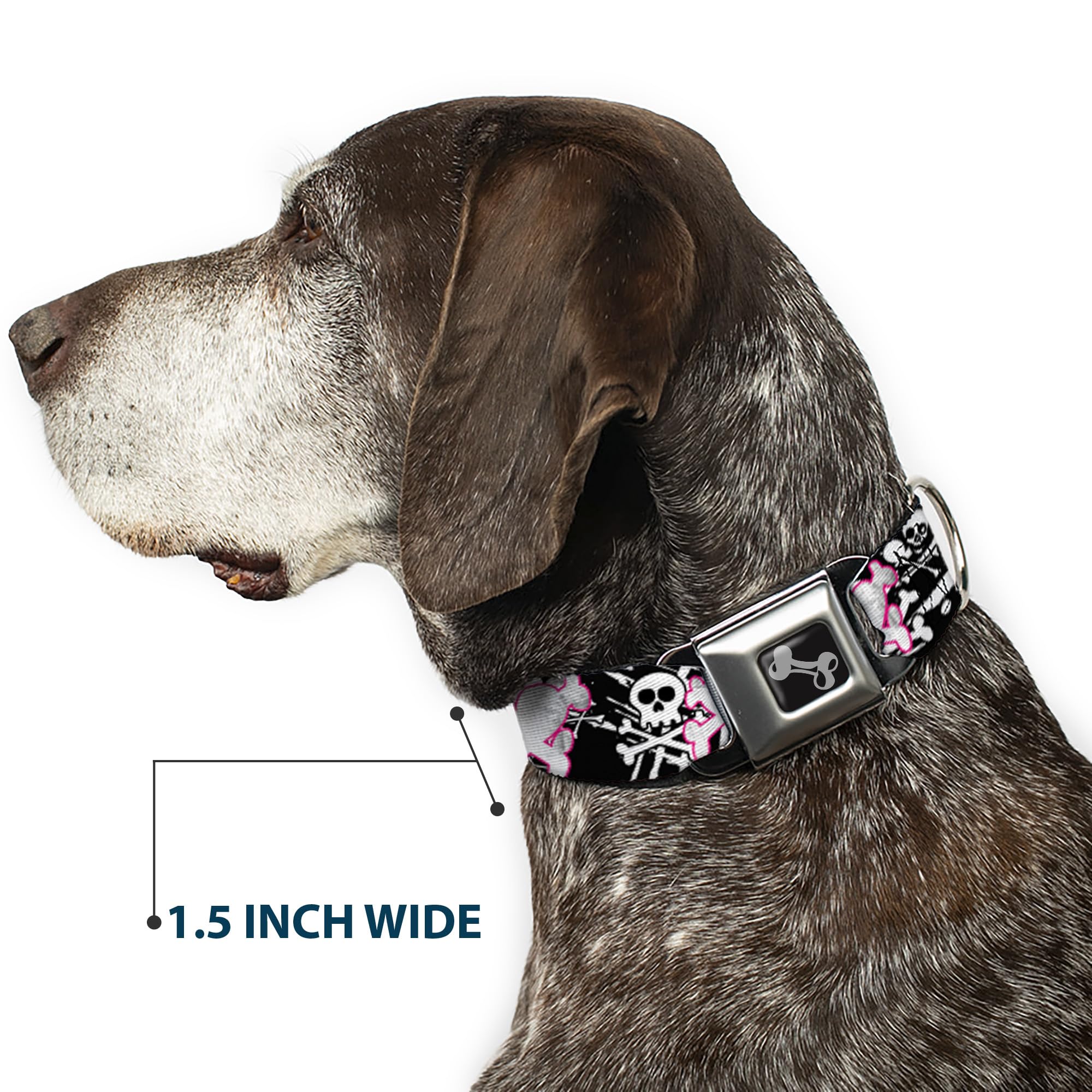 Buckle-Down Seatbelt Buckle Dog Collar - Skull & Crossbones Design with Black/White Splatter - 1.5