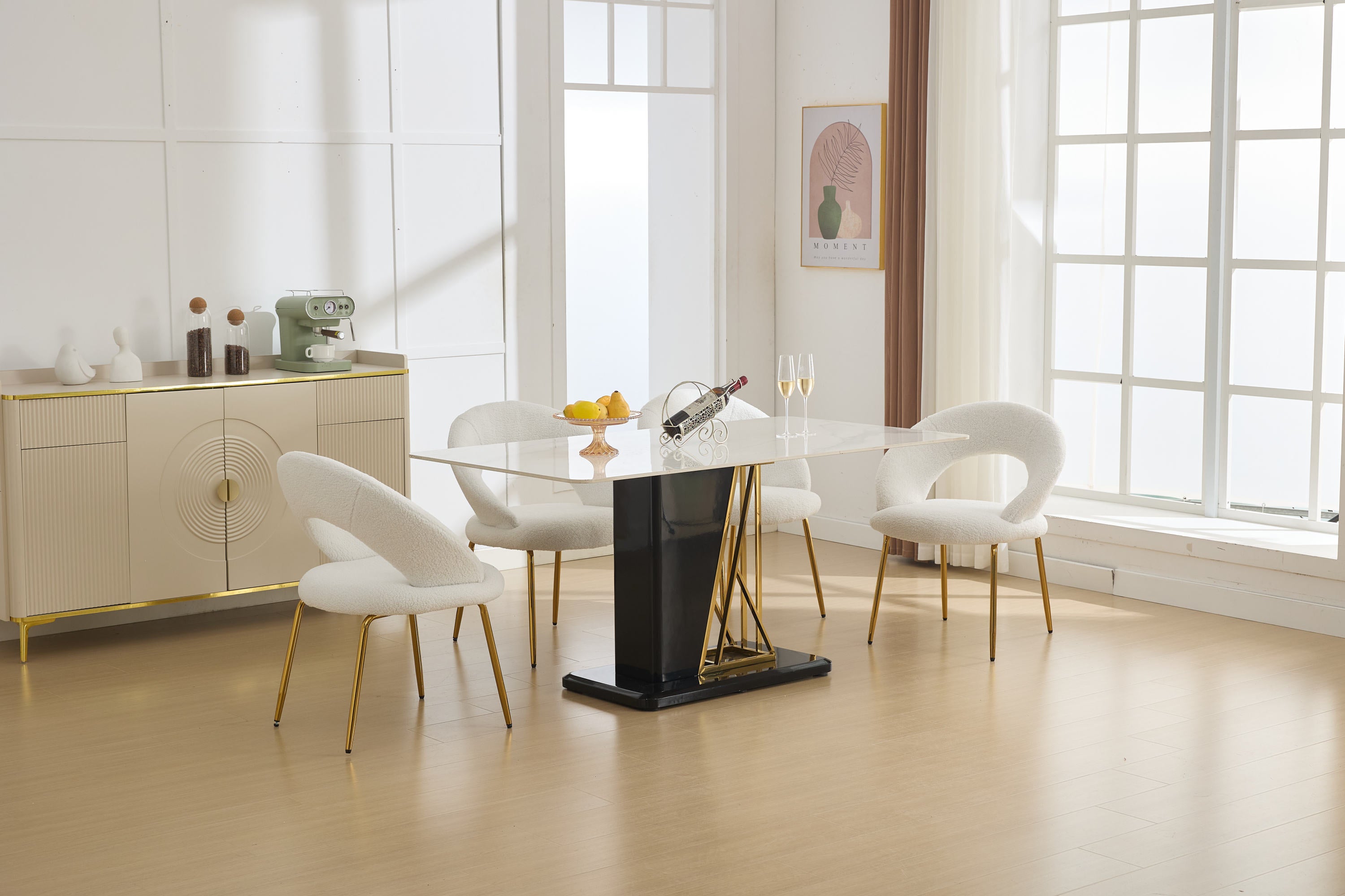 061 Set of 1 White Teddy Fabric Dining Chairs with Curved Backrest and Golden Metal Legs - Elegant Kitchen & Dining Room Seating for Home, Restaurant, or Cafe Use