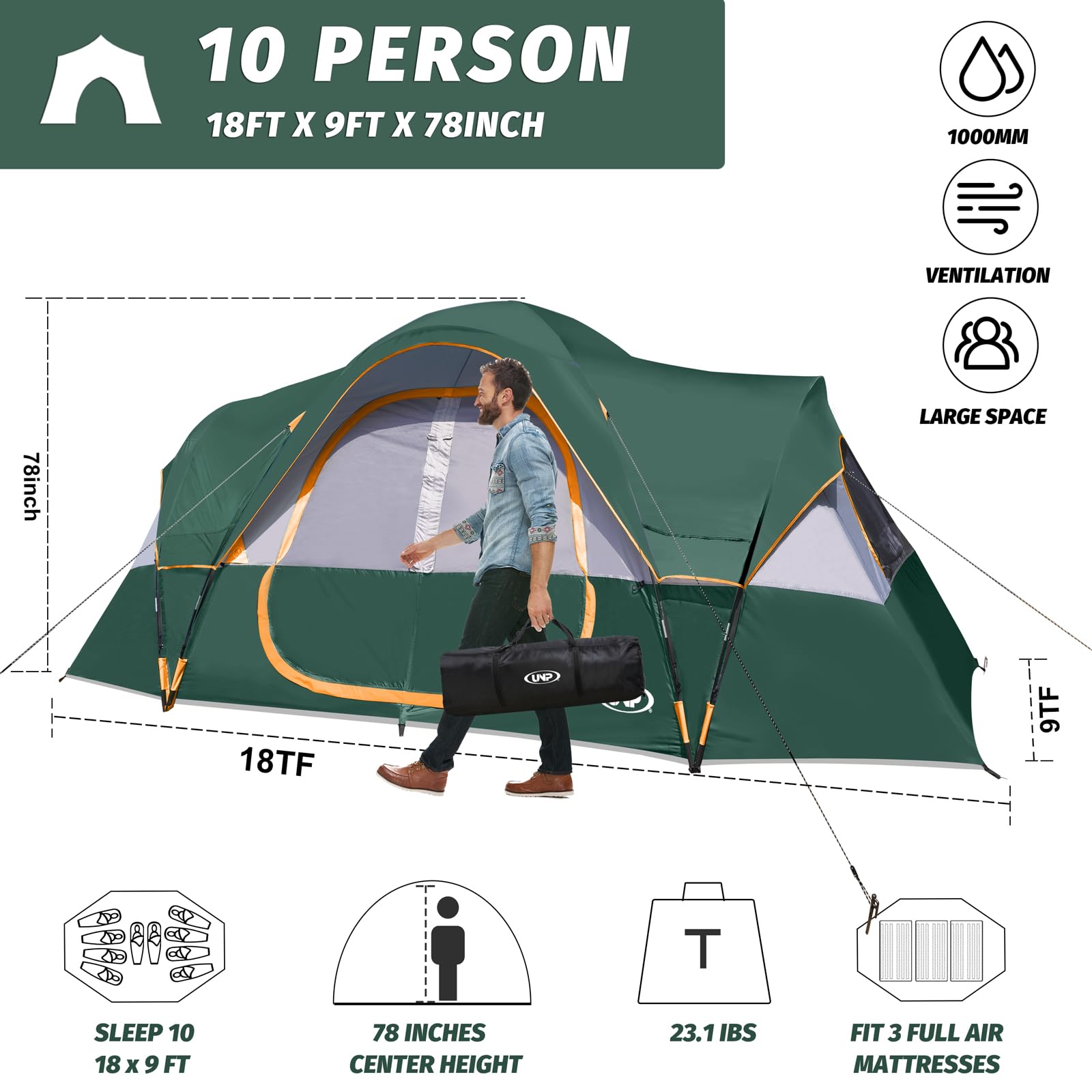 UNP 10-Person Family Camping Tent - Large Easy Setup 2-Room Tent with 5 Mesh Windows, Waterproof & Weather Resistant (18ft x 9ft x 78in) - Perfect for Family Camping, Outdoor Adventures, Music Festivals and Backyard Parties