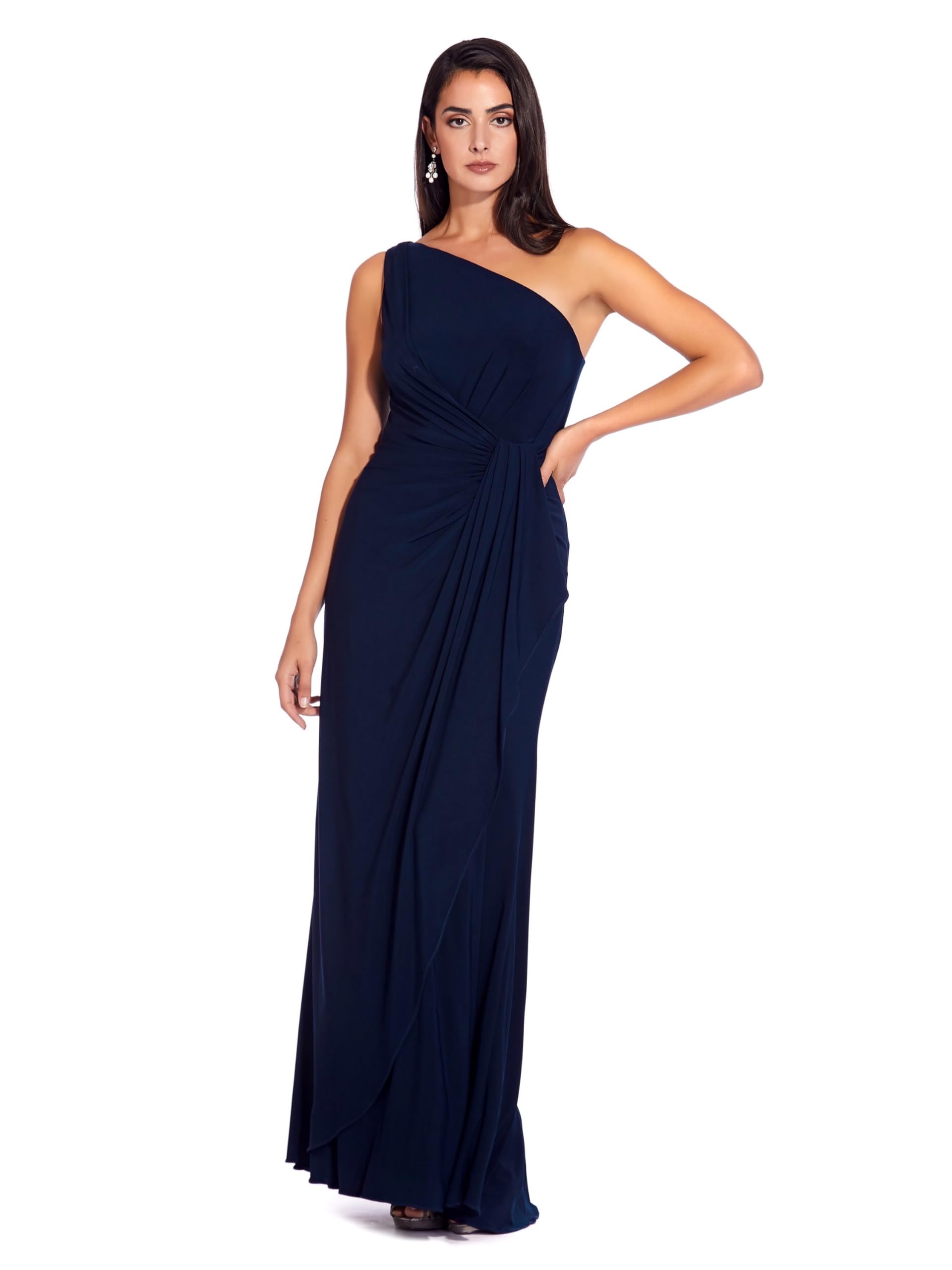 Adrianna Papell Women's One Shoulder Jersey Dress in Midnight Blue - Elegant Evening Gown for Cocktail Parties, Weddings & Special Occasions