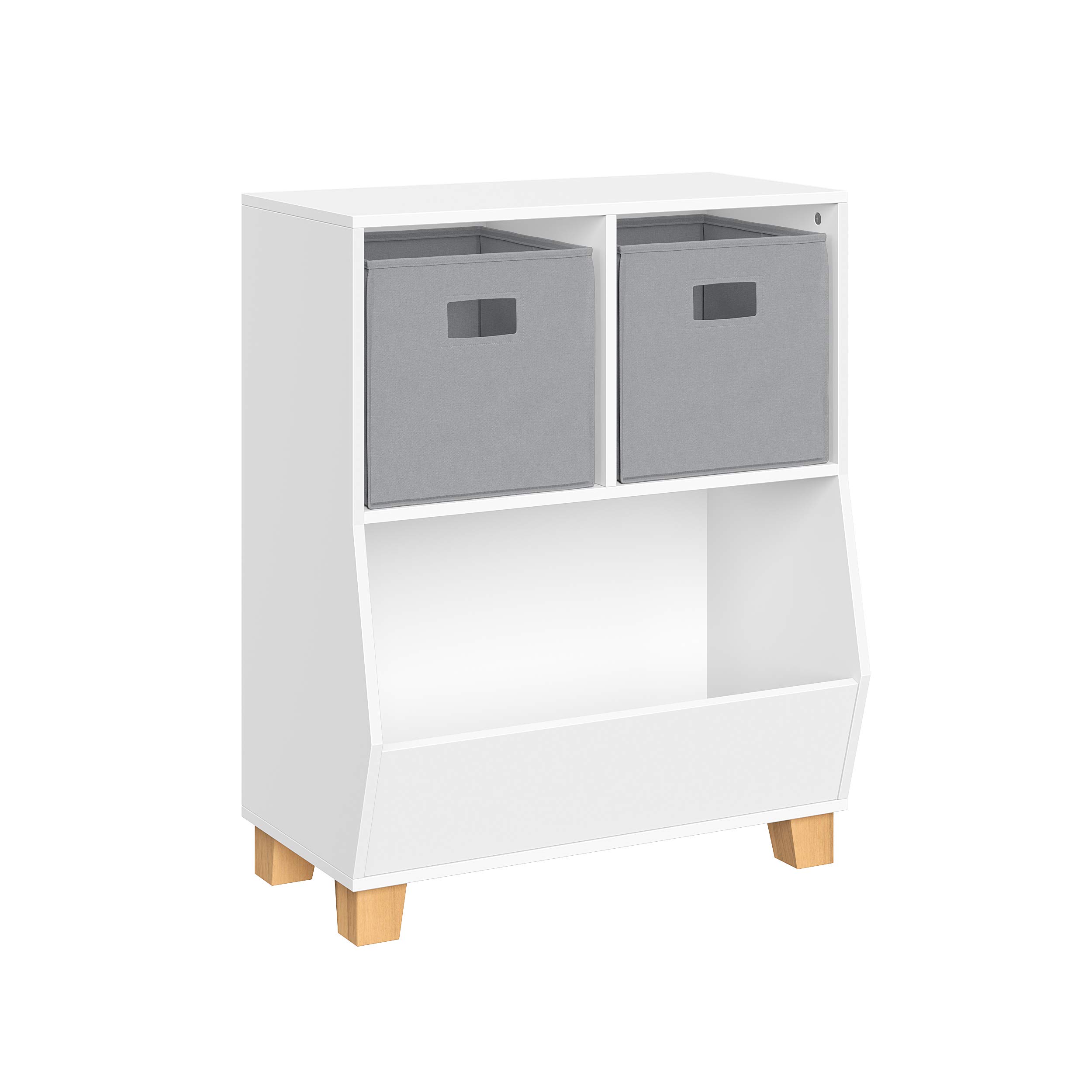 RiverRidge Kids Bookshelf Toy Storage Organizer - 2 Cubbies with 2 Foldable Gray Fabric Bins, White Playroom Organizer for Toys & Books | Perfect for Nursery, Daycare & Kids Bedroom Organization