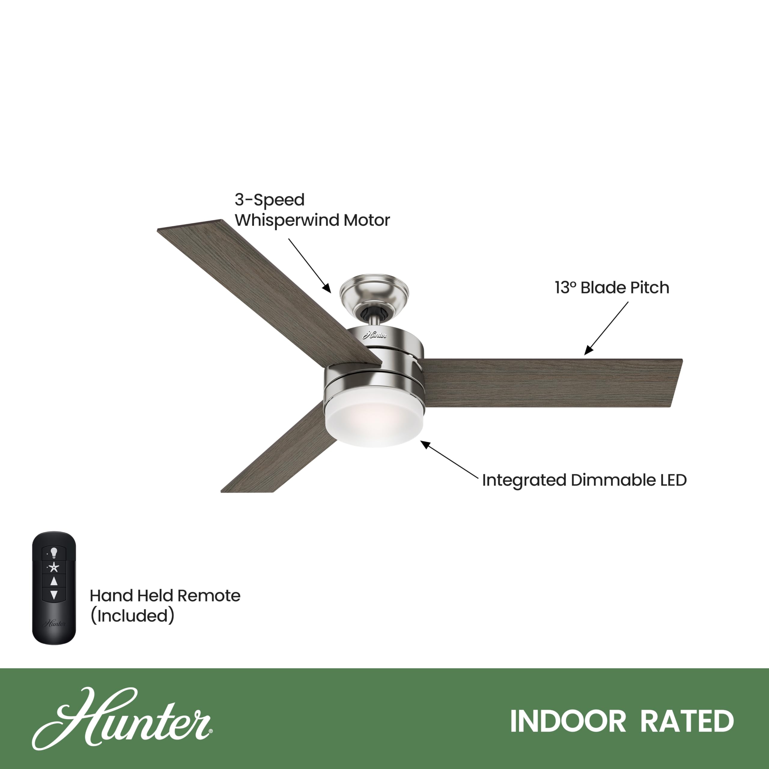 Hunter 54 Inch Modern Ceiling Fan with Remote Control, Brushed Nickel Finish - Energy Efficient Quiet Operation for Living Room, Bedroom, Office (Renewed)