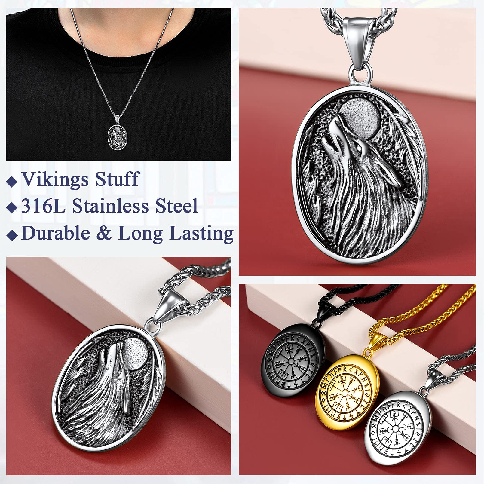 FaithHeart Norse Viking Wolf Pendant Necklace for Men & Women - Stainless Steel/18K Gold Plated Nordic Jewelry with Gift Box - Perfect for Viking Lovers, Cosplay & Medieval Reenactment