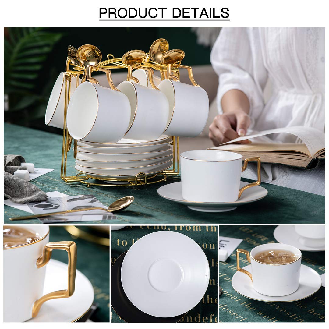 Premium 7 oz Ceramic Demitasse Espresso Cups Set with Saucers & Metal Stand - Stackable Porcelain Cappuccino Cups for Coffee, Tea, Latte, Cafe Mocha - Matte White (Set of 6) - Perfect for Home Cafes, Coffee Shops & Gifts