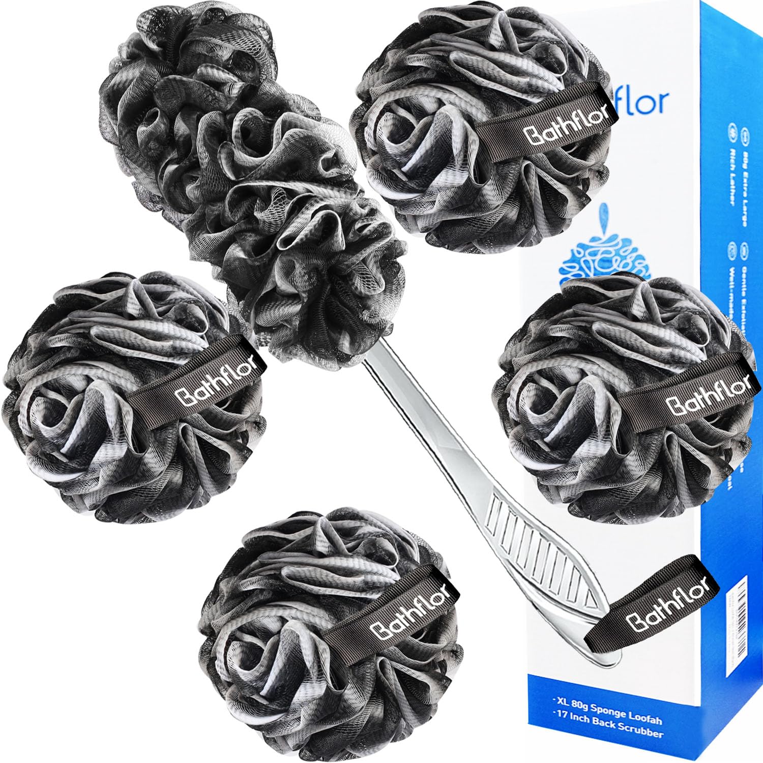 Premium Exfoliating Loofah Sponge Set - 4 Large 80g Shower Poufs + Back Scrubber with Long Handle + Luffa Hook - Charcoal Body Wash Scrub for Deep Cleansing - Perfect for Spa, Bath & Shower - Ideal Gift for Women & Men
