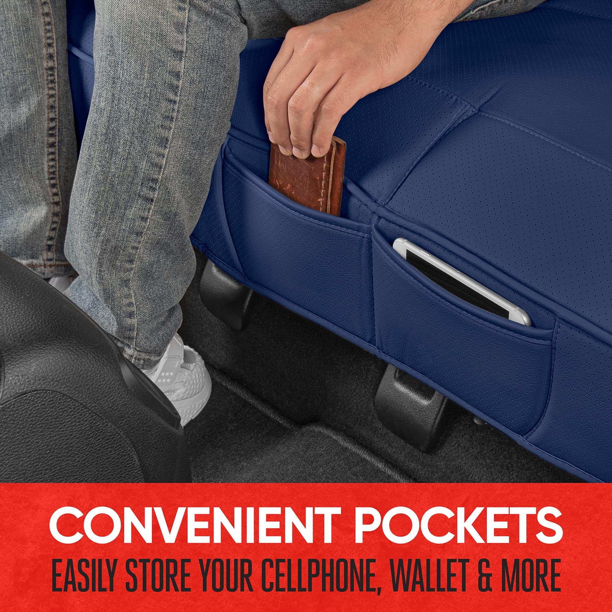 Motor Trend Faux Leather Car Seat Cover for Cars, Trucks & SUVs - Blue Padded Rear Bench Cover with Storage Pockets | Premium Interior Protection for Road Trips & Daily Commute
