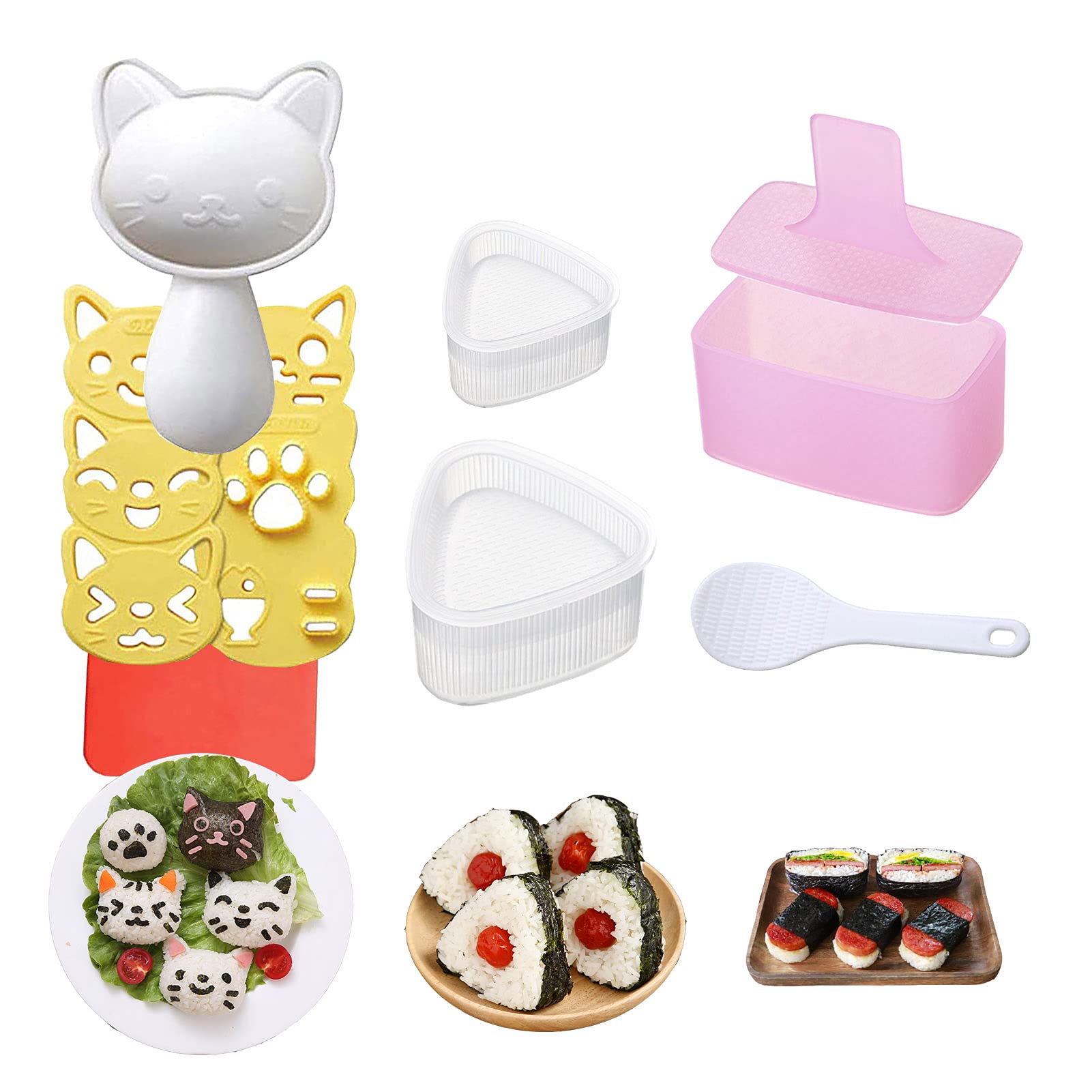 3-Pack Cute Cat Sushi Mold Kit - Onigiri Rice Ball Maker, Musubi Press & Triangle Mold for Kids Lunch Bento Box | Perfect for Home Meal Prep, School Snacks & Japanese-Themed Parties
