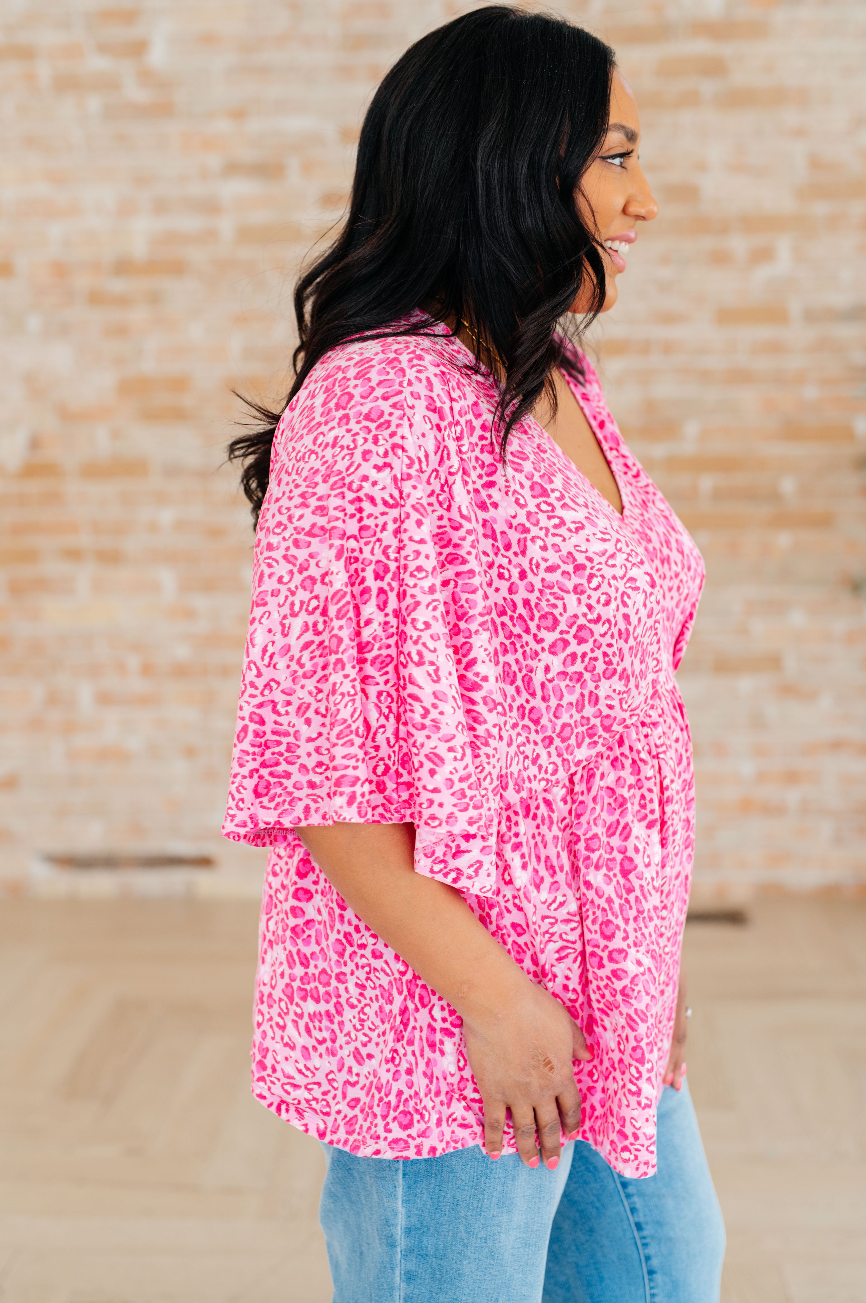 Dreamer Peplum Top in Pink Leopard Print - Women's Fashion Blouse for Casual Wear & Party Outfits
