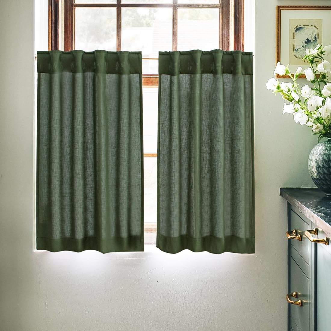 Olive Green Small Linen Kitchen Curtains - 24 Inch Length, 2 Panels, Back Tab Pocket, Light Filtering Semi Sheer - Perfect for Farmhouse, Bathroom, RV, Camper & Cabinet Windows (Ideal for Half Windows & Natural Light Control)