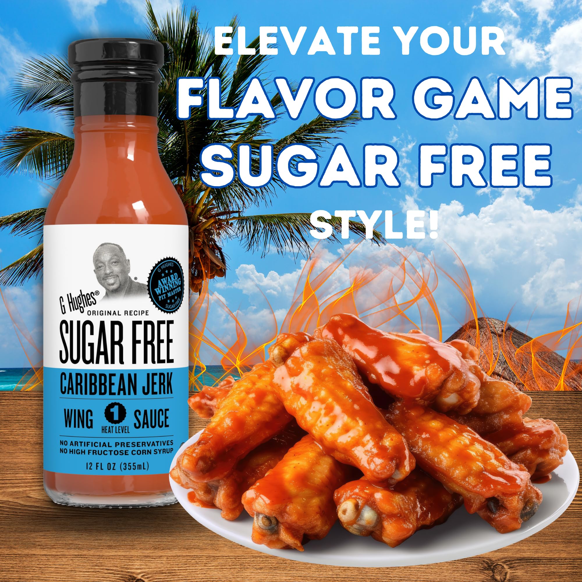 G Hughes Sugar Free Caribbean Jerk Wing Sauce - Gluten Free Jerk Marinade & BBQ Sauce for Grilling, Chicken Wings, Ribs - 12 Oz (3 Pack)