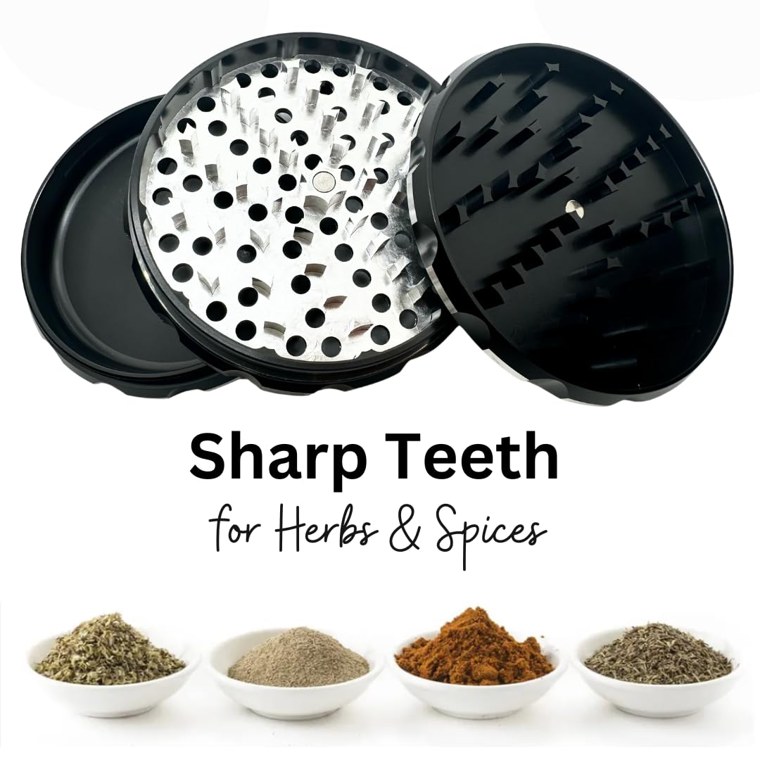 4 Inch Aluminum Alloy Herb Grinder - 3 Layer Spice Crusher with Ergonomic Grip (9 Color Options) - Perfect for Grinding Herbs, Spices & Tobacco at Home, Travel or Outdoor Adventures (Black, No Screen)