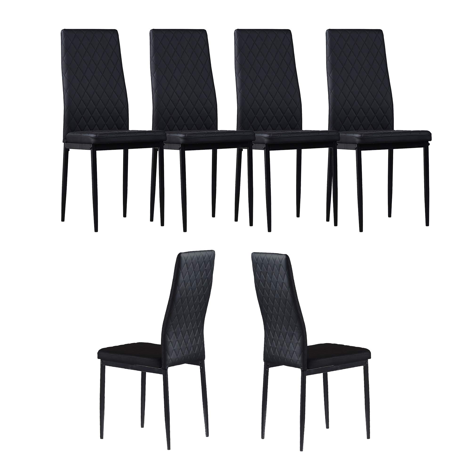 6 Modern Leather Dining Chairs Set with Upholstered Cushion & High Back - Powder Coated Metal Legs, Rhombus Pattern Seats for Home, Kitchen, Living Room & Bedroom (Black) | Perfect for Family Dinners, Entertaining Guests & Stylish Home Decor