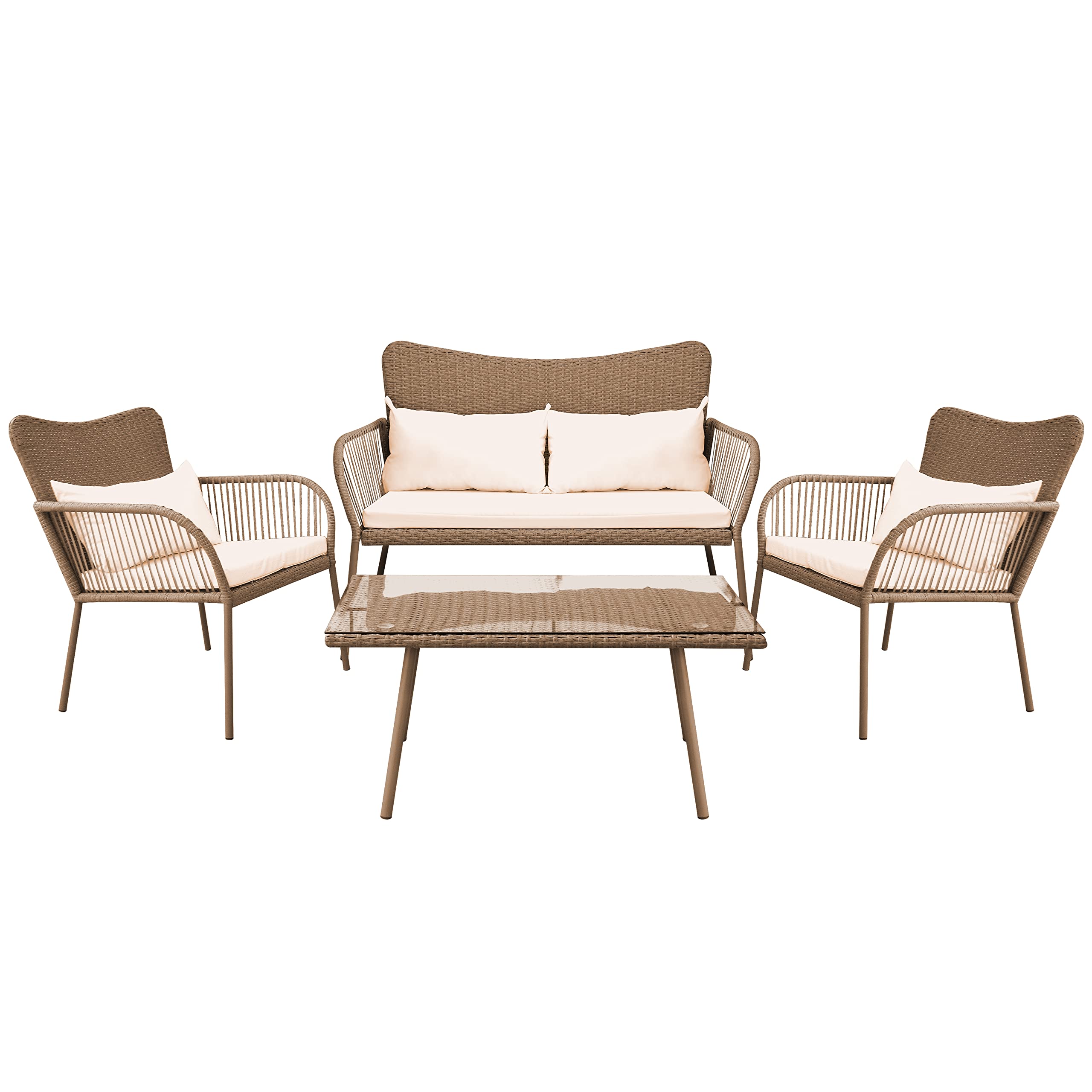 SereneLife 4-Piece Outdoor Rattan Patio Furniture Set with Cushions - 1 Double Sofa, 2 Single Chairs & Glass-Top Coffee Table (Beige) - Perfect for Garden, Poolside, and Backyard Relaxation