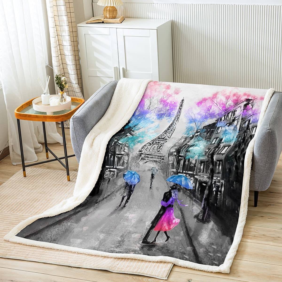 Paris Themed Eiffel Tower Sherpa Fleece Throw Blanket - 50x60 Inch Soft Warm Fuzzy Blanket for Bed, Sofa & Couch - Romantic French Decor with Cityscape Print in Blue & Pink - Perfect Gift for Women & Couples | Cozy Winter Nights, Movie Time & Home Decoration