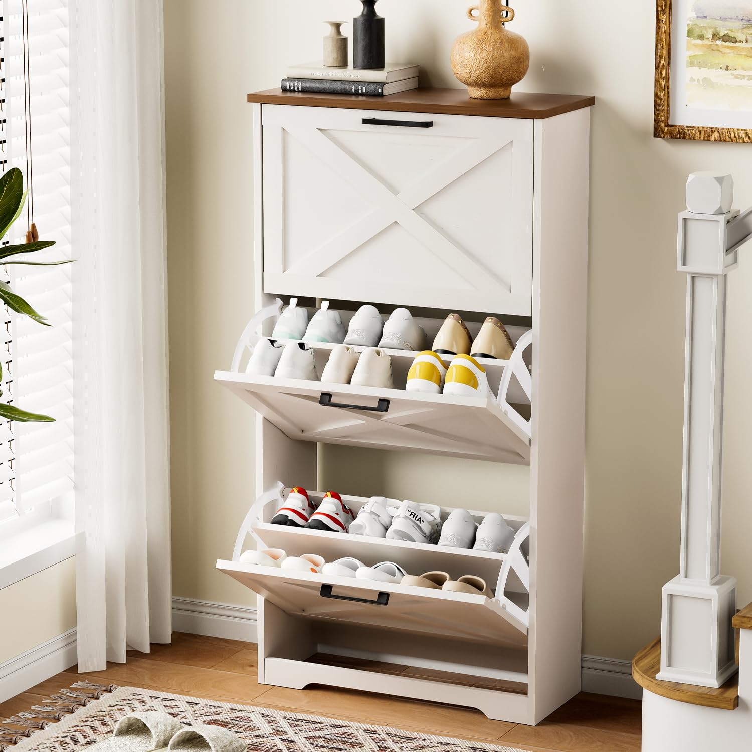 Farmhouse Shoe Cabinet with 3 Flip Drawers - 3 Tier Freestanding Shoe Organizer for Entryway, Hallway & Living Room - Slim Narrow Storage Cabinet (White) - Perfect for Small Spaces & Home Organization