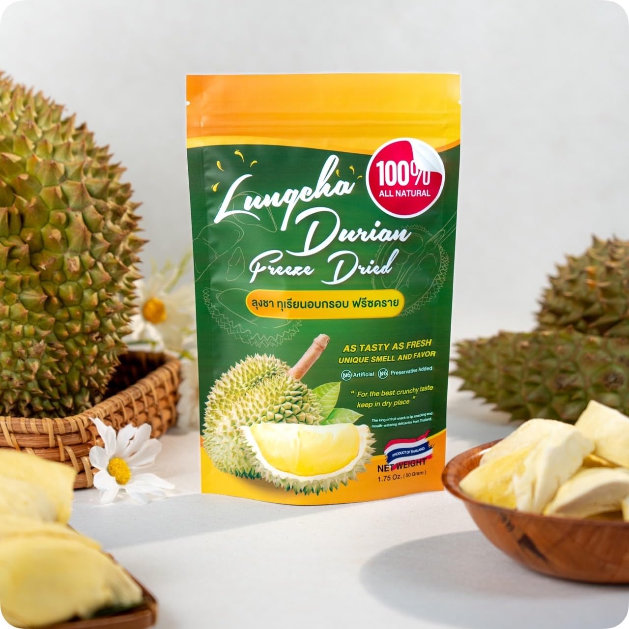 Freeze Dried Durian Pure Premium King of Thai Fruit - Natural Real Fruit Snack, No Sugar & No Preservatives, 1.75oz/Bag (1 Pack) - Perfect for Healthy Snacking, Travel & Gourmet Gifts