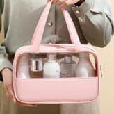 Omkar Enterprise Women's Transparent Waterproof Makeup Bag - PU PVC Cosmetic Organizer Storage Pouch for Travel, Bath & Toiletry (Pink) | Perfect for Gym, Vacation & Daily Beauty Essentials