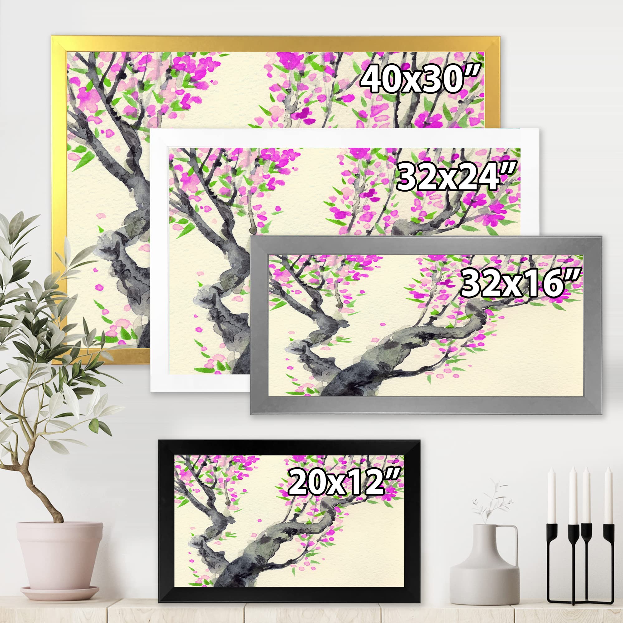Japanese Traditional Purple Flowers Tree Framed Wall Art - Elegant Home Decor for Living Room, Bedroom & Office