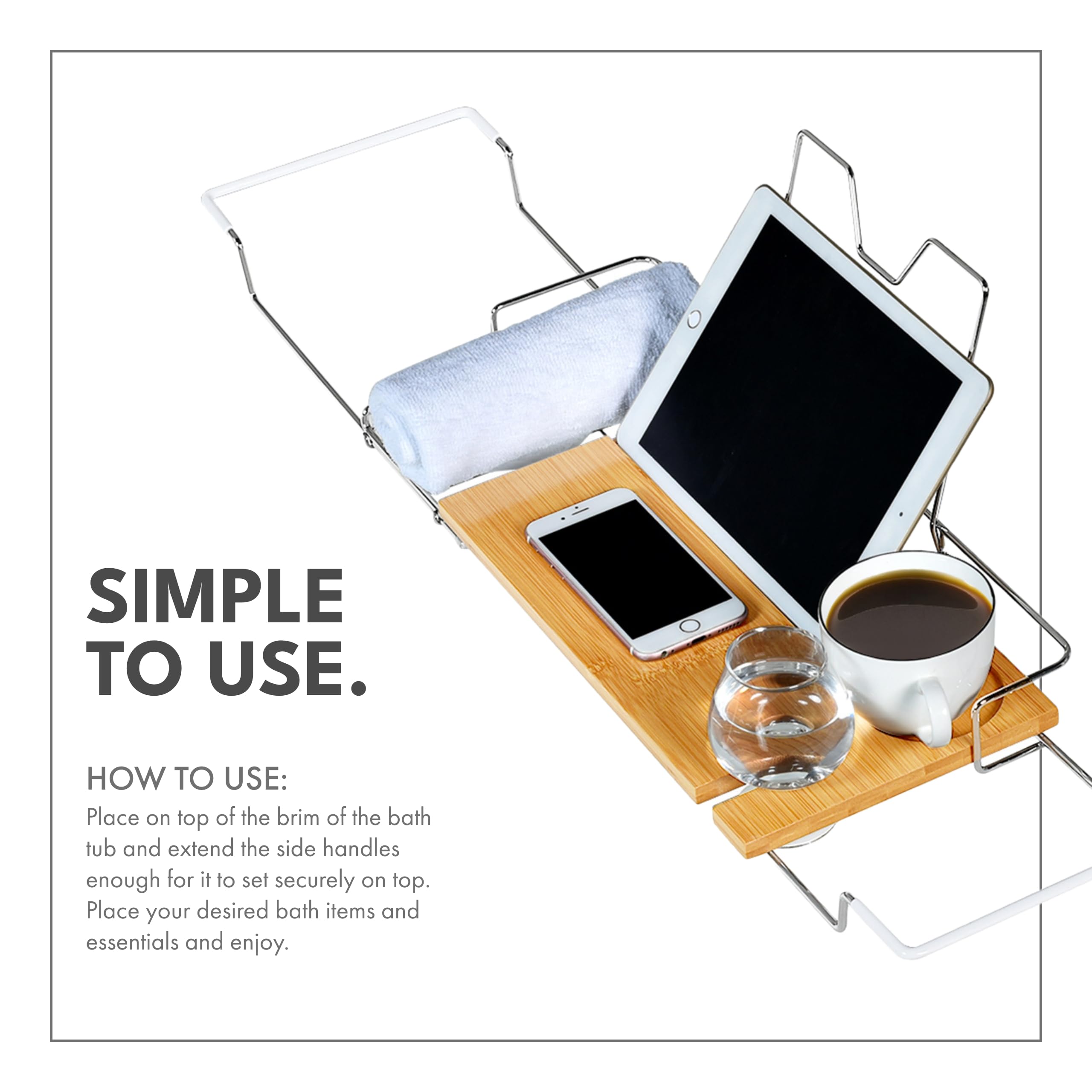 Stainless Steel & Bamboo Bathtub Caddy Tray - Luxury Bathtub Shelf for Books, Candles, Phone Holder | Spa Bath Accessories for Relaxing Bath Time