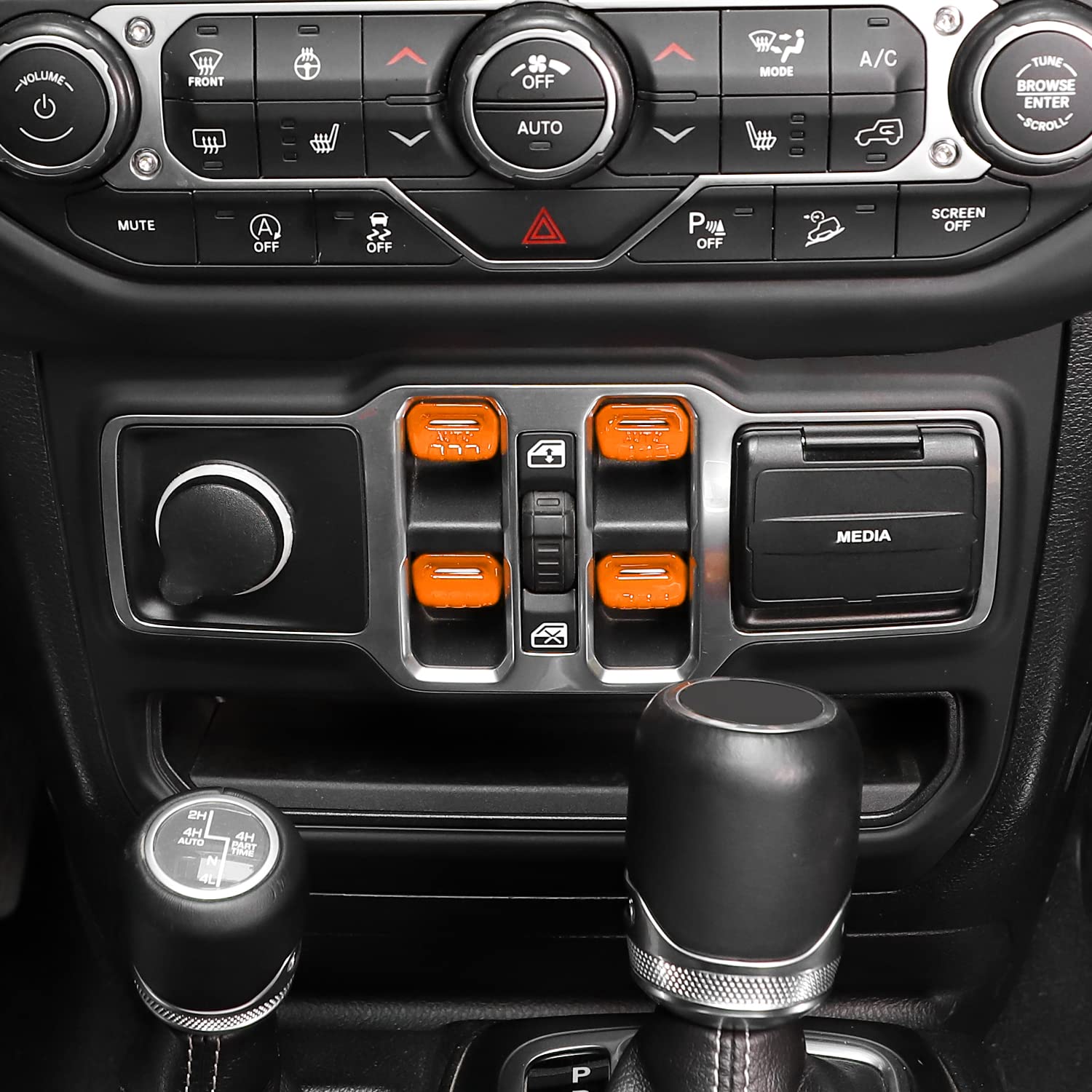 Jeep Wrangler JL/JLU (2018-2023) & Gladiator JT (2020-2023) Center Console Window Button Switch Cover - 4PC Orange Interior Trim Accessories for Enhanced Style & Protection - Perfect for Off-Roading, Daily Driving & Jeep Customization