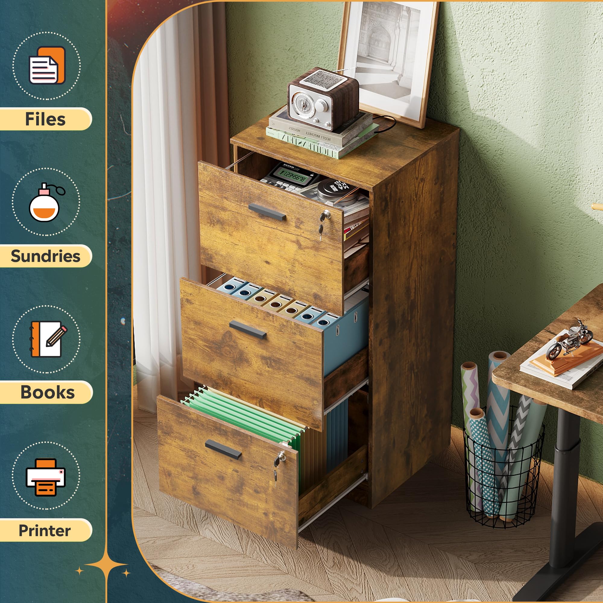 DEVAISE 3-Drawer Locking File Cabinet - Vertical Wooden Office Storage Organizer for Letter & A4 Documents - Rustic Brown Home Office Furniture - Perfect for Home Offices, Study Rooms & Workspaces
