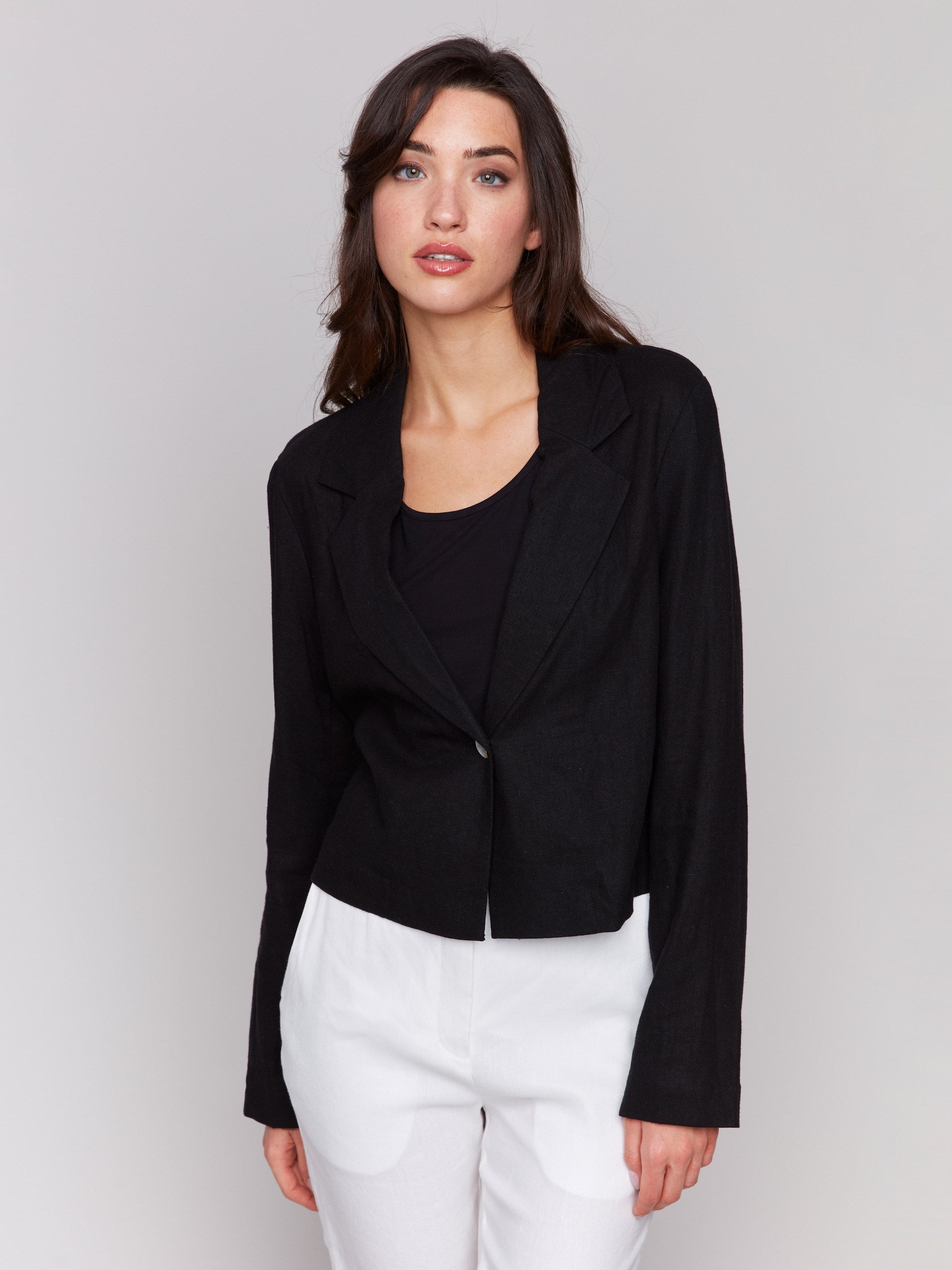 Cropped Linen Blend Blazer for Women - Slim Fit Black Blazer Jacket for Office, Business & Casual Wear
