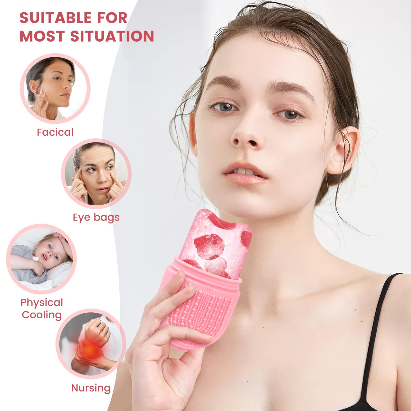 QiqaMole Reusable Silicone Ice Face Roller & Eye Mold - Skin Toner, Puffiness Reducer, Acne Treatment for Glowing Skin (Pink) | Perfect for Morning Routine, Spa Day & Post-Workout Skin Care