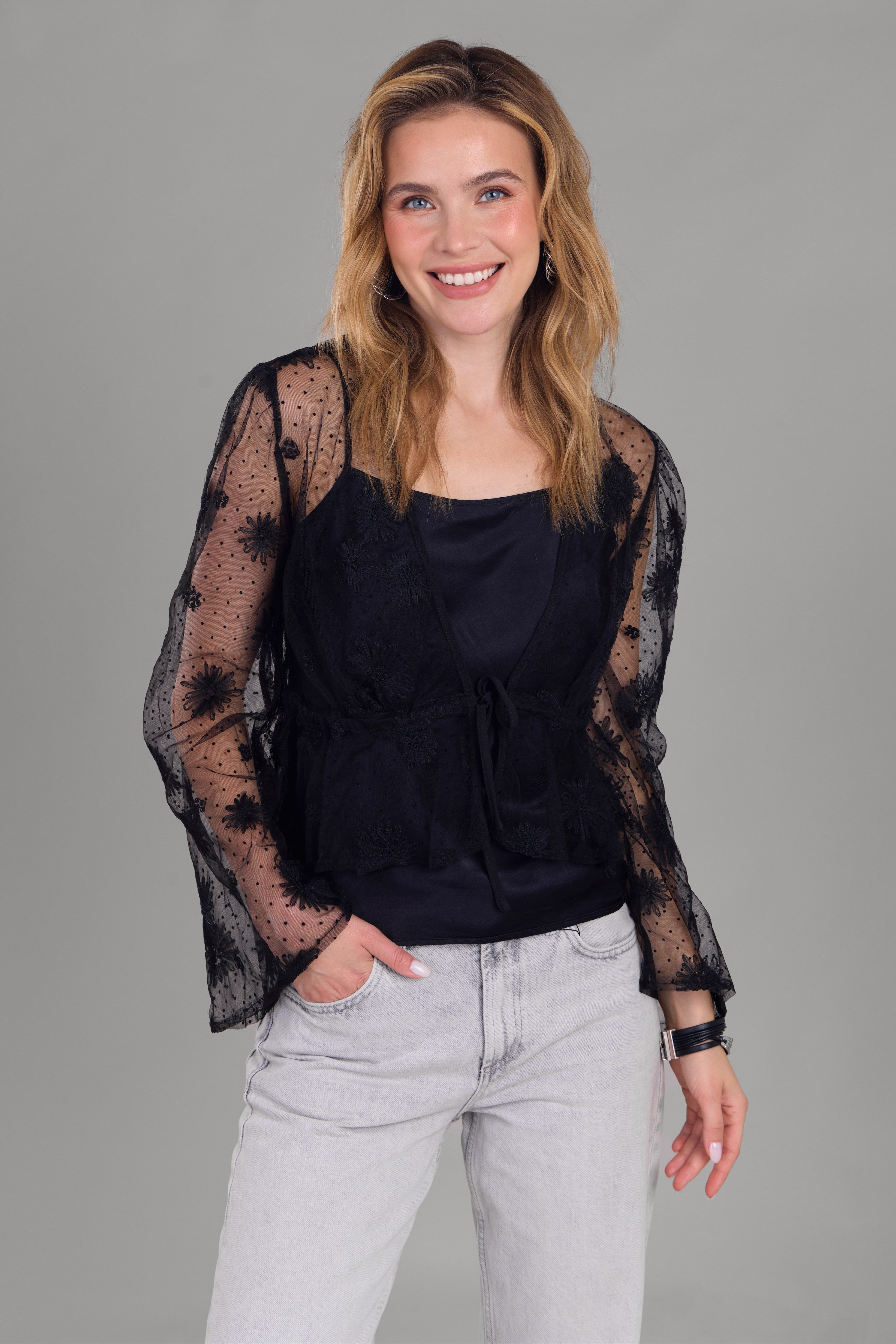 Floral Mesh Tie Top for Women - Stylish Summer Blouse for Casual Outings & Beach Vacations