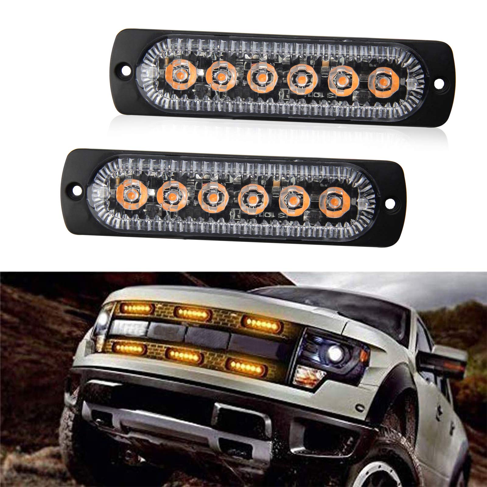12-24V LED Amber Strobe Light Bar - 6 LED Surface Mount Flashing Emergency Warning Lights for Trucks, Cars & Vehicles (2 Pack) - Ideal for Roadside Safety, Construction Zones & Emergency Signaling