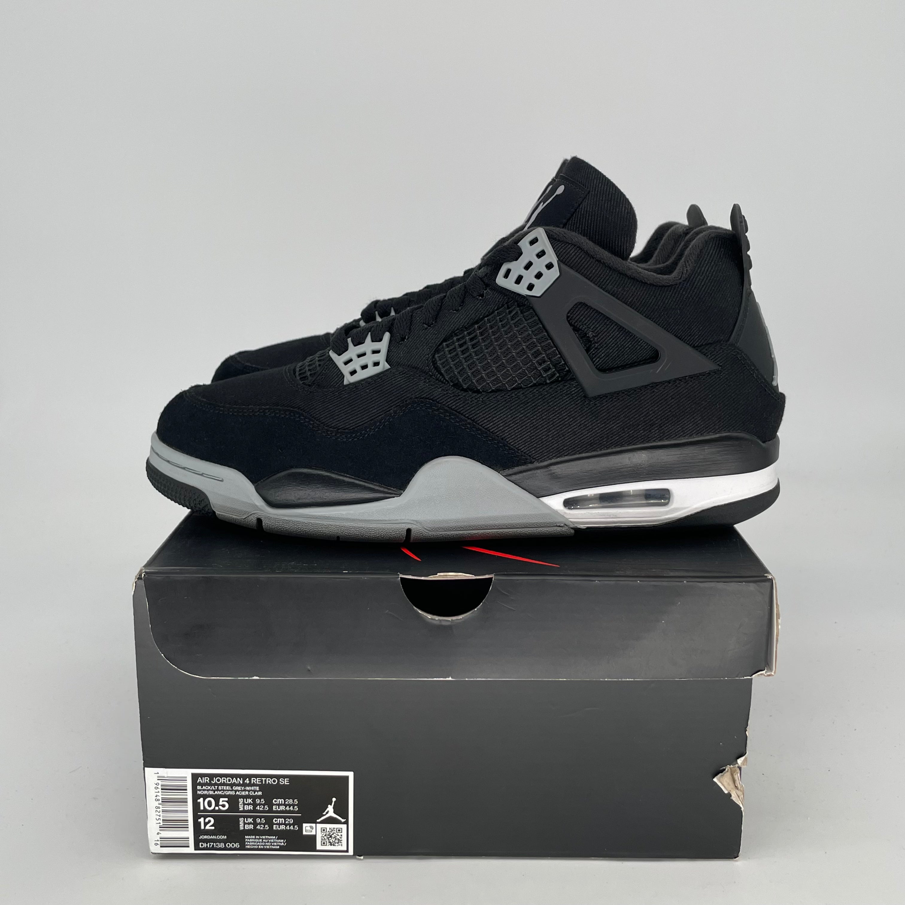 AIR JORDAN 4 Black Canvas Sneakers - Men's Size 10.5/Women's Size 12 (DH7138-006) | Retro Basketball Shoes for Streetwear & Casual Outfits