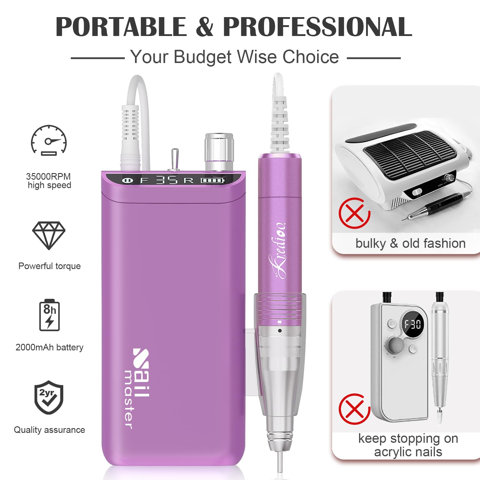 Kredioo Professional Nail Drill Kit - 35000RPM Rechargeable Electric Nail File Machine with 10 Bits Set for Acrylic & Gel Polish Removal | Salon Quality Manicure Tools | Portable for Home & Professional Use (Purple)