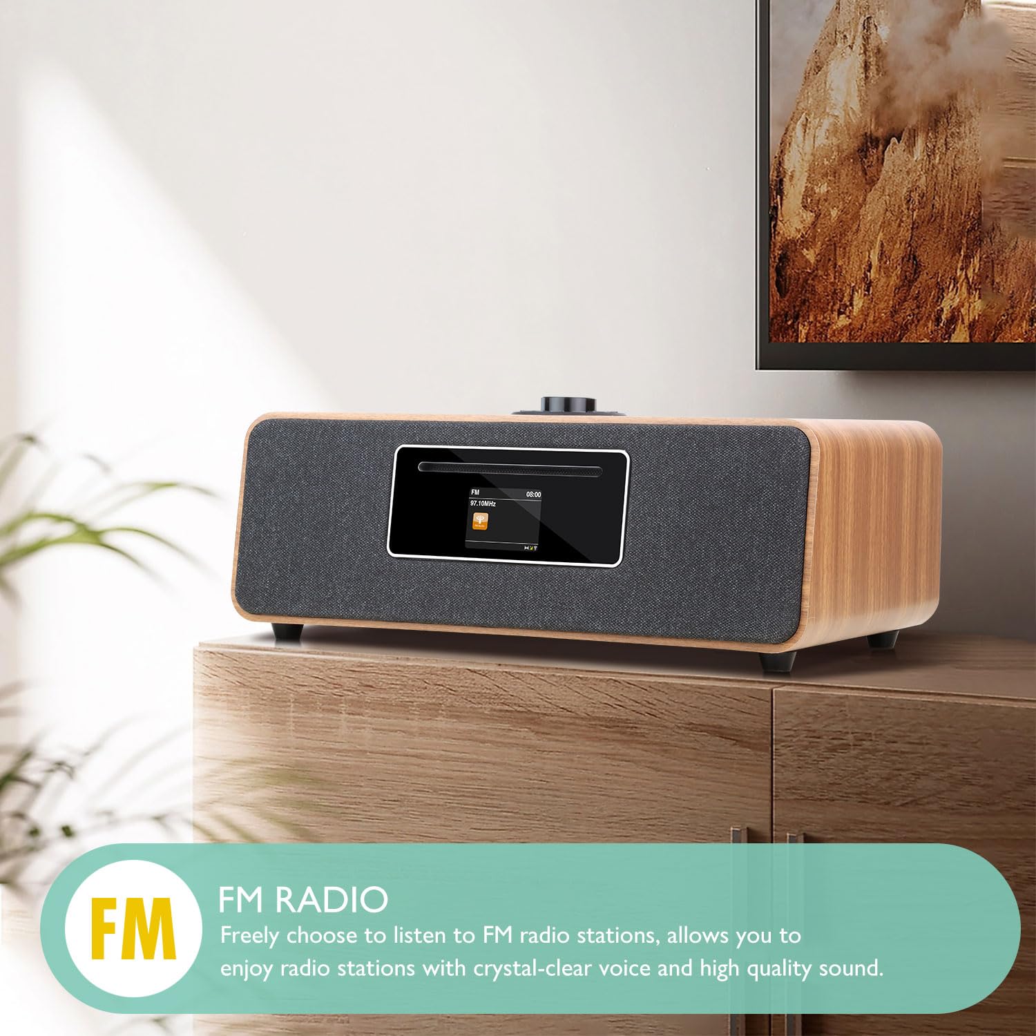 MS5P WiFi Internet Radio with CD Player - Bluetooth Speaker, FM Digital Radio, Spotify Connect, USB Player & Charging, Dual Alarm Clock, OKTIV APP Control - Home Stereo System for Living Room, Bedroom, Office (Walnut Finish)