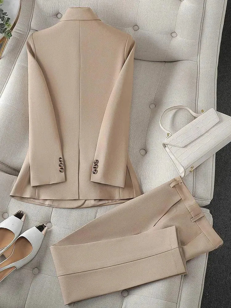 Elegant Double Breasted Women's Pant Suit Set - 2 Piece Professional Blazer & Pants with Pockets | Perfect for Office Wear, Business Meetings & Formal Events
