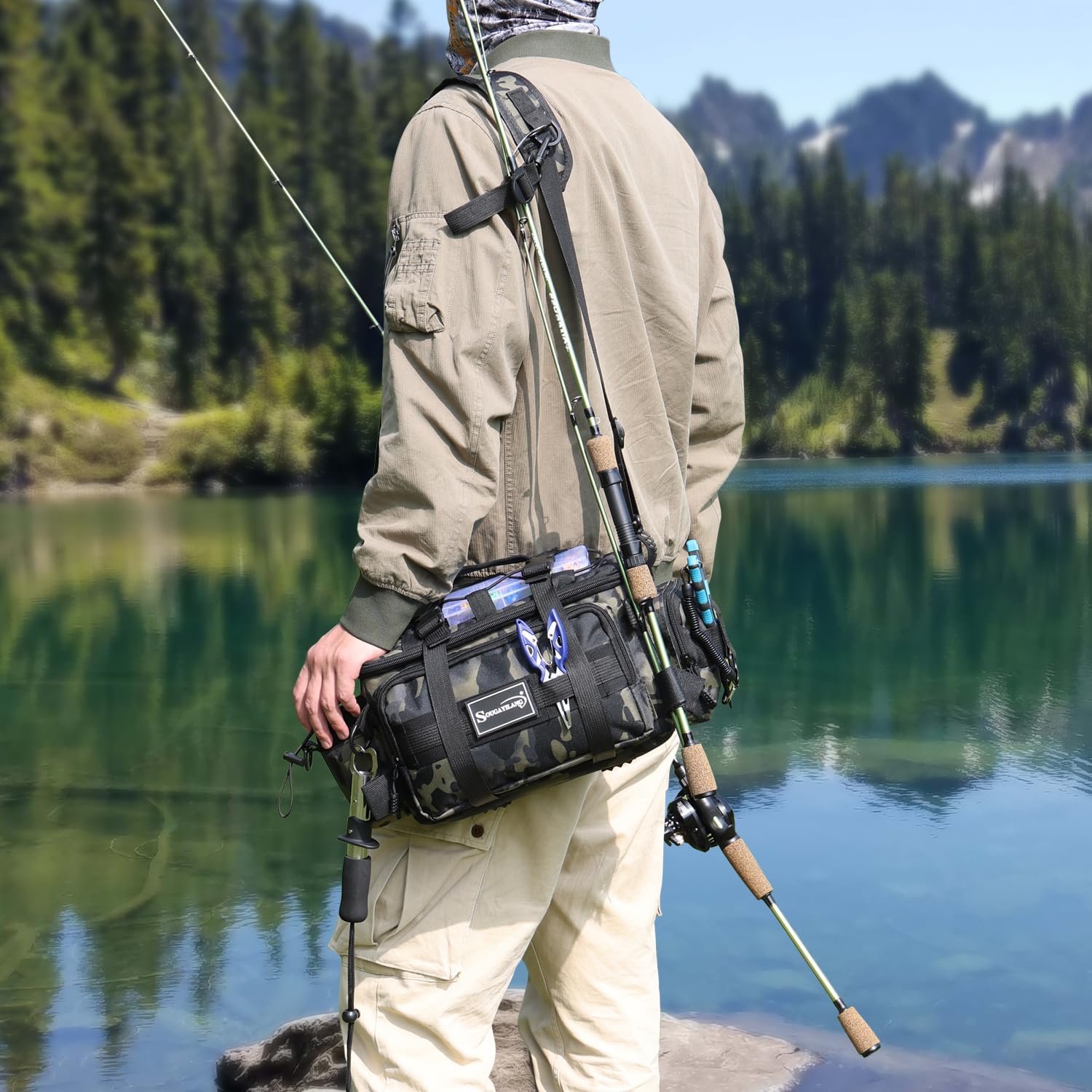 Sougayilang Fishing Tackle Storage Bag - Waterproof Padded Shoulder Strap Tackle Box Organizer for Saltwater & Freshwater Fishing Gear - Durable Green Fishing Accessories Bag - Perfect for Boat, Shore & Kayak Fishing Trips