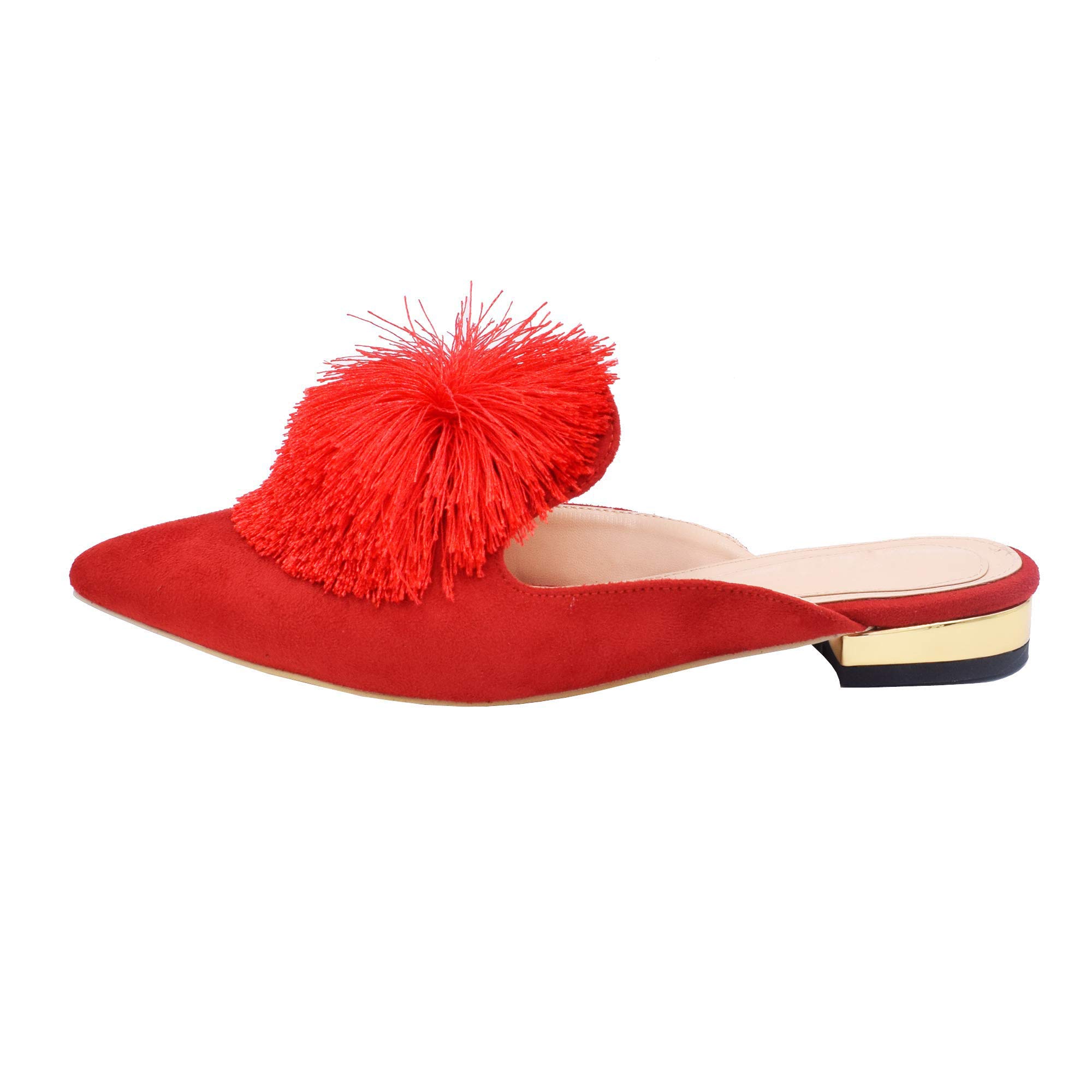 Fericzot Women's Slip-On Mule Loafers - Backless Pointed Toe Flats with Puff Pompom | Comfortable Casual Shoes & House Slippers for Work, Travel & Home Wear