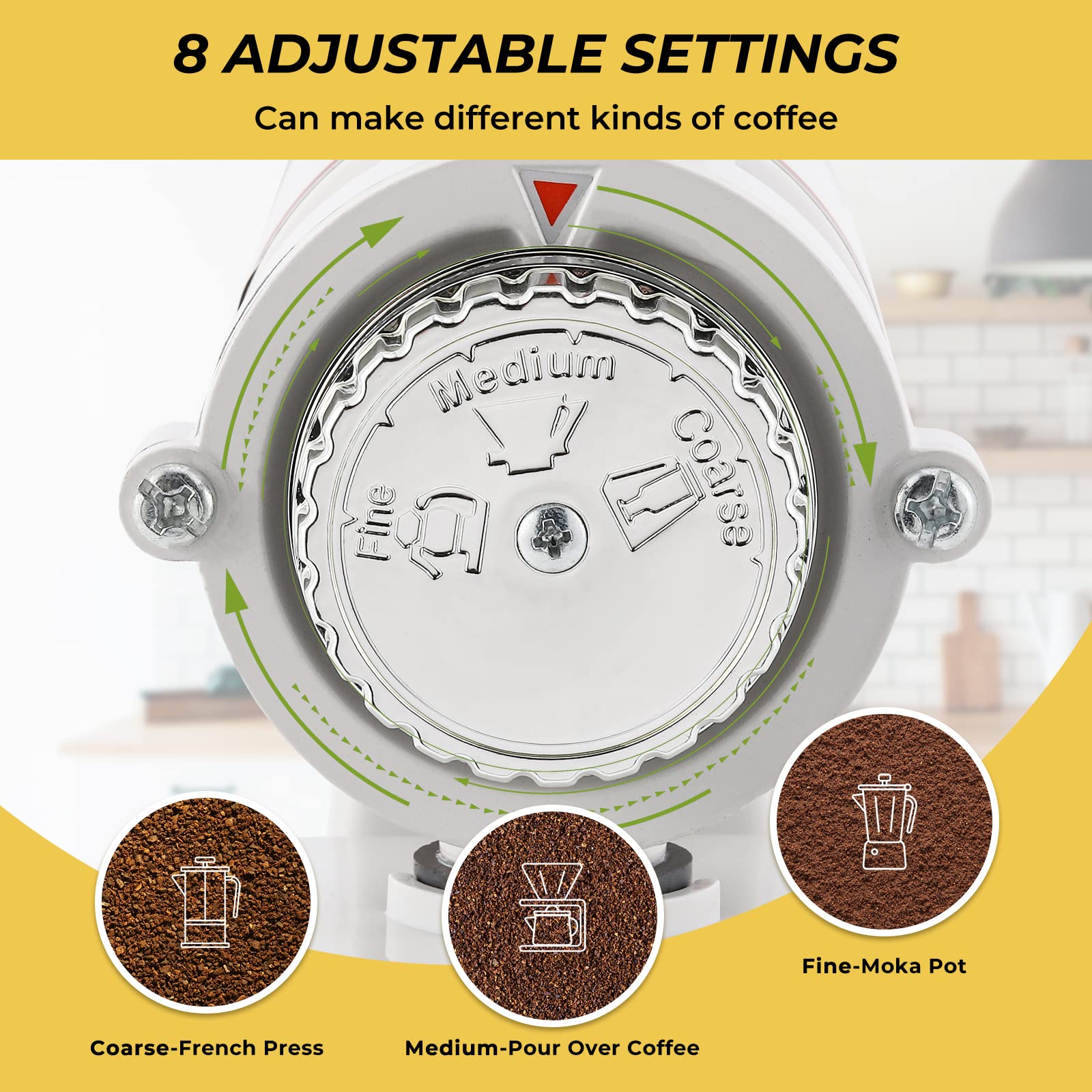 Premium Electric Burr Coffee Grinder for Espresso & Drip Coffee - Commercial & Home Use with Adjustable Grind Settings, Silent Operation, Includes Hopper, Brush & Spoon (White) - Perfect for Coffee Shops, Offices & Home Brewing Enthusiasts