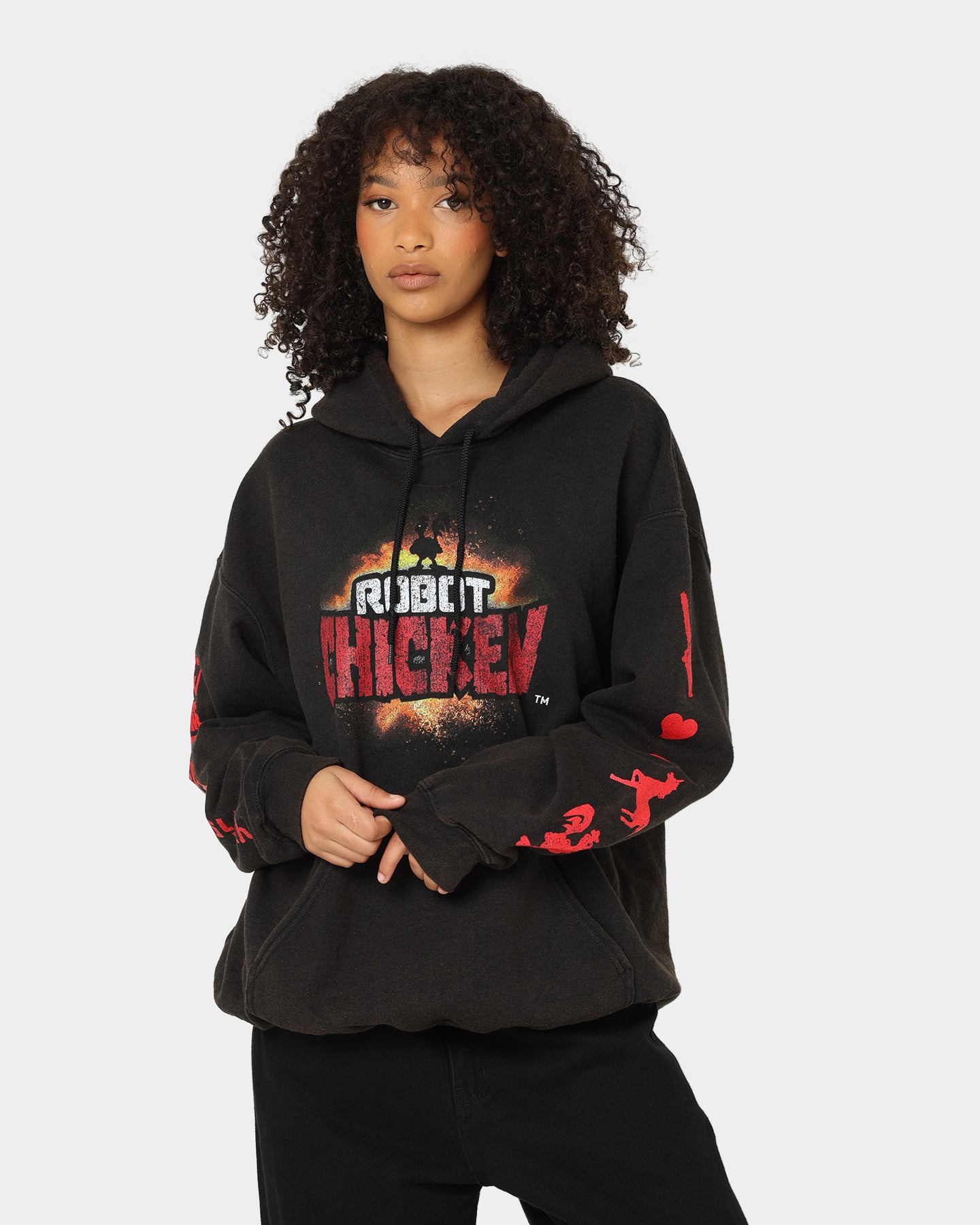 Vintage American Thrift Chicken Boom Hoodie - Black Wash Distressed Style | Retro Streetwear for Men & Women | Perfect for Casual Wear, Urban Fashion, and 90s Nostalgia Looks