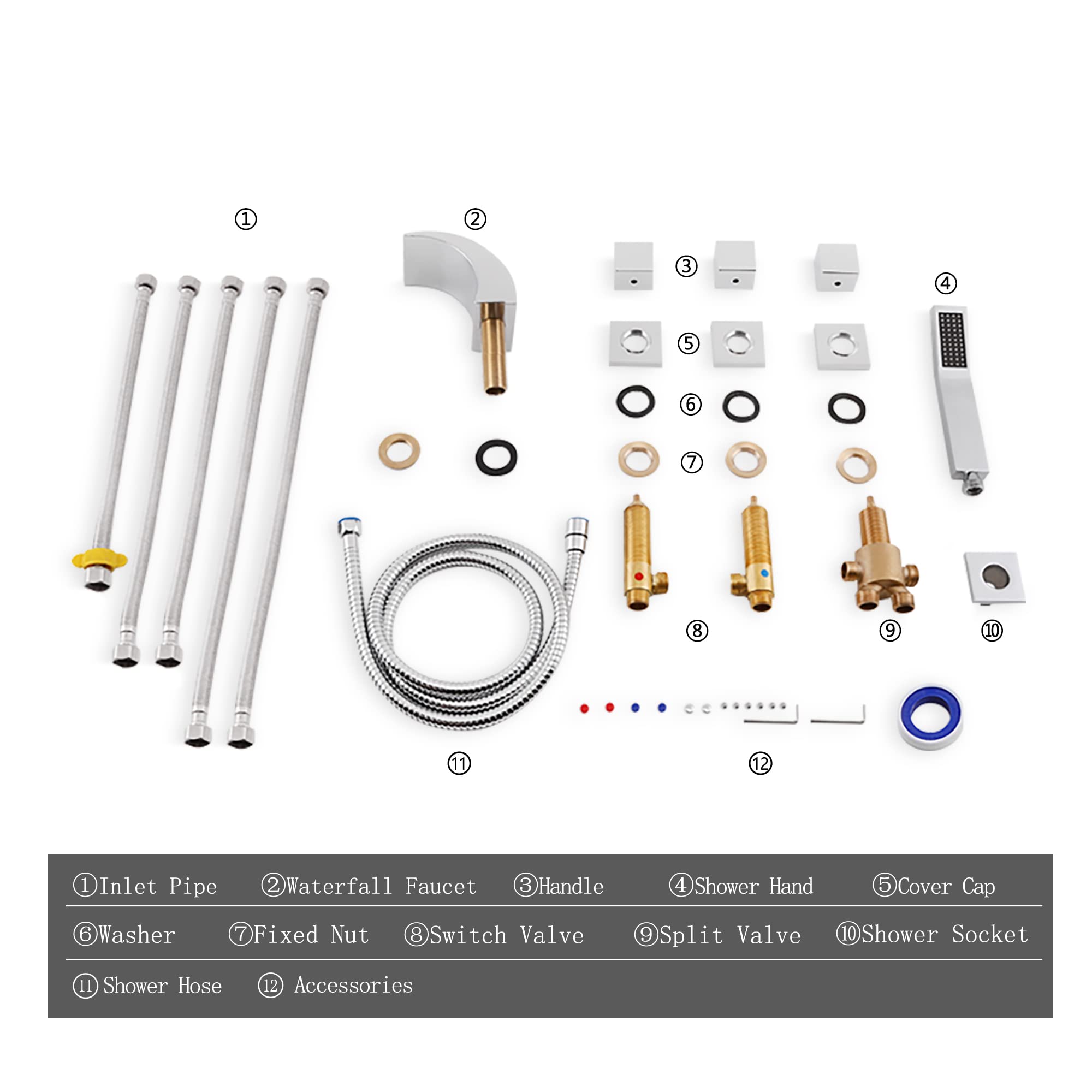 SKOWLL Waterfall Bathtub Faucet - Deck Mount Tub Filler with Handheld Shower Sprayer, Polished Chrome 5-Hole Set & LED Spout for Modern Bathroom - Perfect for Spa-Like Relaxation and Luxurious Bathing Experience