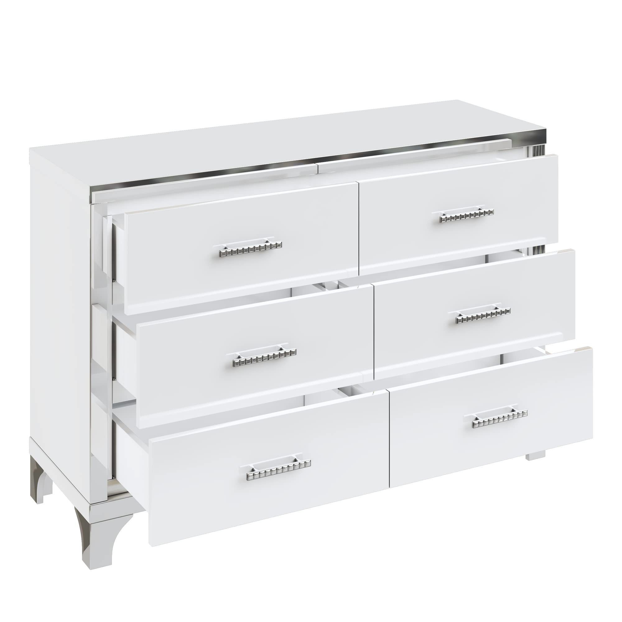 Flieks 4-Piece Queen Size Bedroom Set - Upholstered Bed with 3 Drawers, High Gloss Mirrored Nightstands & Dresser with Metal Handles & Legs in Beige | Modern Bedroom Furniture for Master Bedroom, Guest Room & Apartment Decor