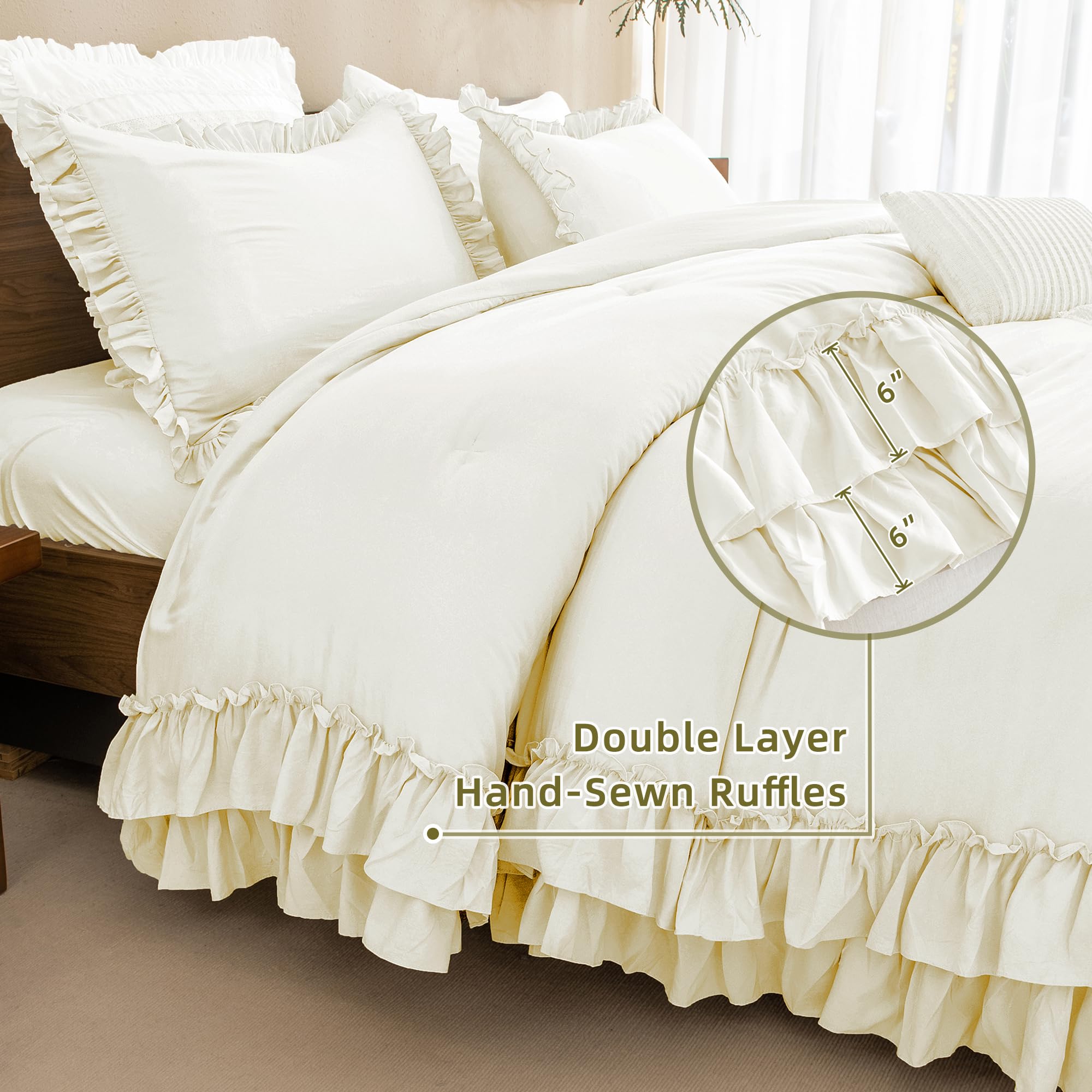 QSH King Size Ruffle Comforter Set - 3 Piece Ivory Shabby Chic Farmhouse Bedding | Ultra Soft Microfiber Lightweight Boho Duvet Cover | Perfect for French Country Bedrooms, Guest Rooms & Cozy Boho Decor