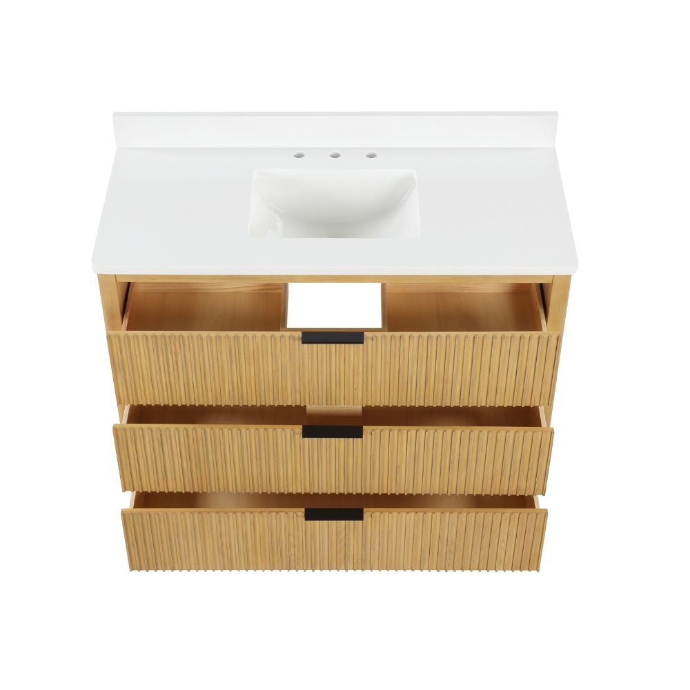 48 Inch Modern Golden Oak Coris Single Sink Bathroom Vanity with White Quartz Top - Elegant Bathroom Storage Solution for Small Spaces, Powder Rooms & Master Baths