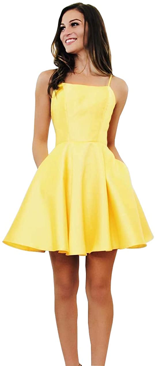 RoBride Women's Short Satin Homecoming Dress - Spaghetti Strap Mini Formal Party Gown with Pockets | Junior Prom, Cocktail Party, Evening Event