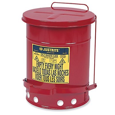 Justrite 09100 6-Gallon Red Self-Closing Oil Waste Can - Safety Container for Used Motor Oil, Hydraulic Fluid & Lubricants - Ideal for Auto Shops, Garages & Industrial Workplaces