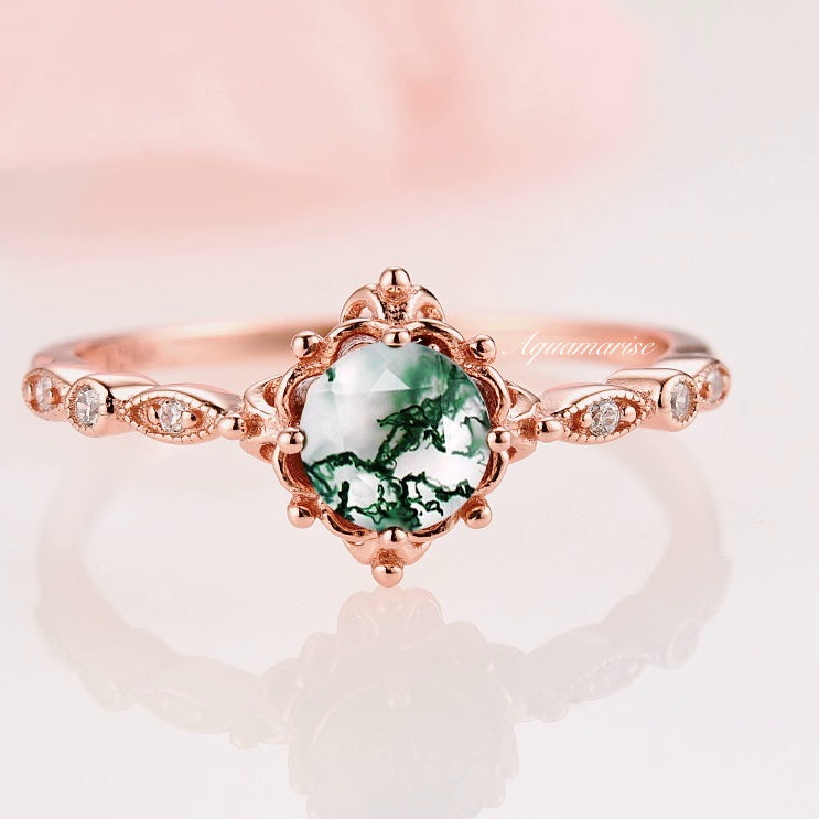 Natural Green Moss Agate Fairytale Engagement Ring - 14K Rose Gold Vermeil for Women | Elegant Wedding, Promise & Anniversary Jewelry Gift
