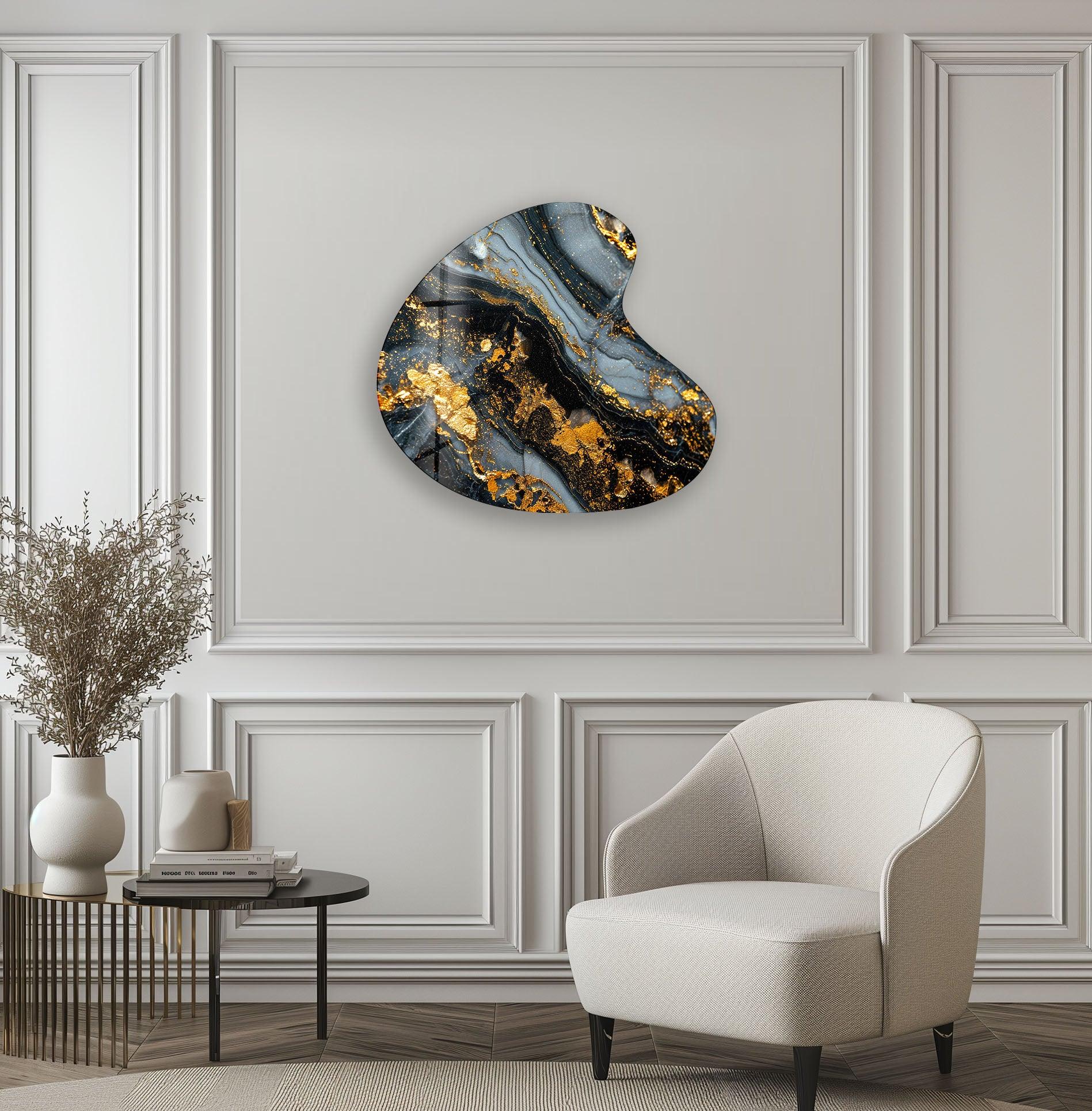Black Marble Style Irregular Glass Wall Art - Modern Abstract Home Decor for Living Room, Bedroom & Office - Unique Handmade Glass Artwork for Wall Decoration