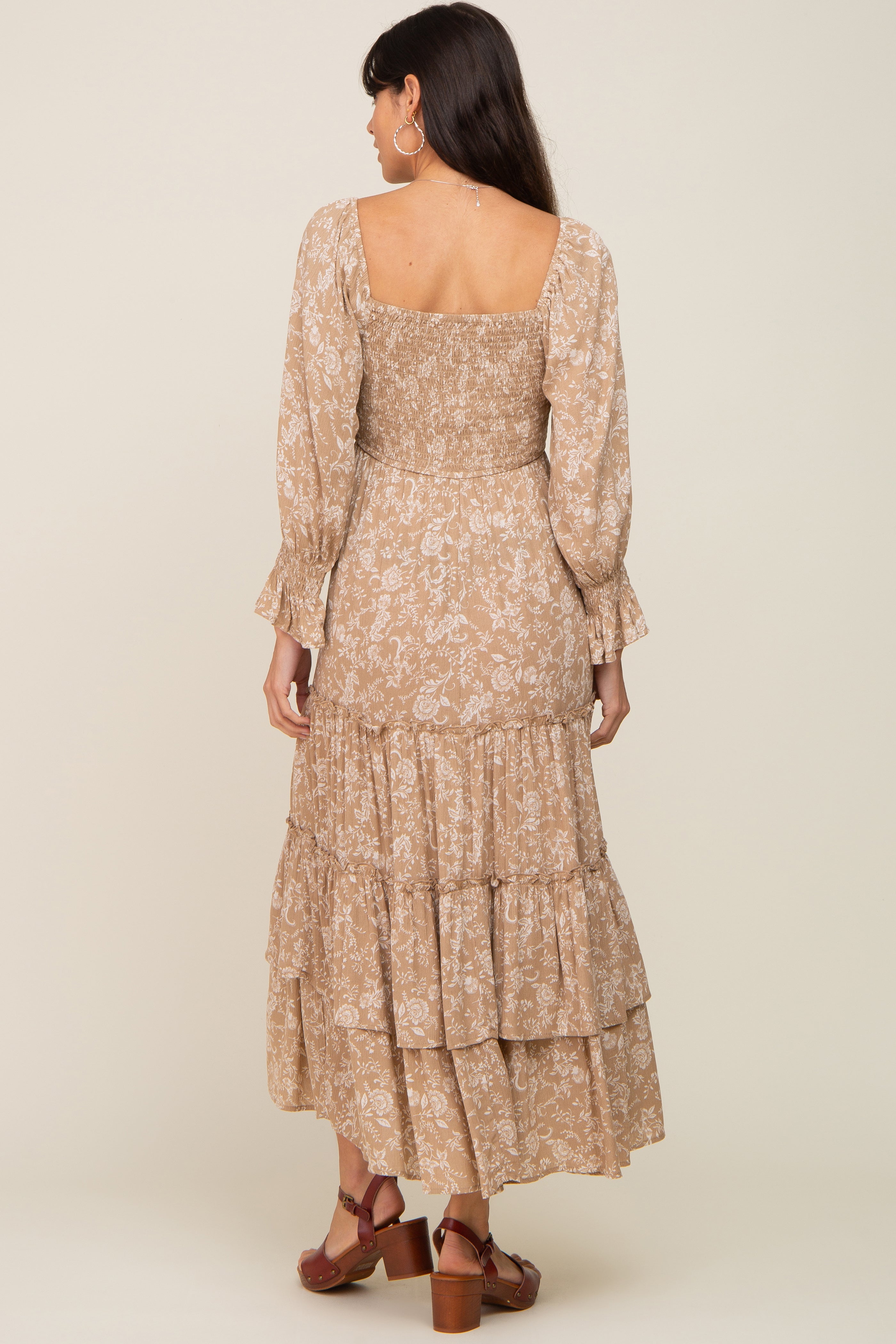 Beige Floral Cutout Smocked Tiered Maxi Dress for Women - Elegant Summer Beach Wedding Party Dress - Perfect for Vacations, Dates & Special Occasions