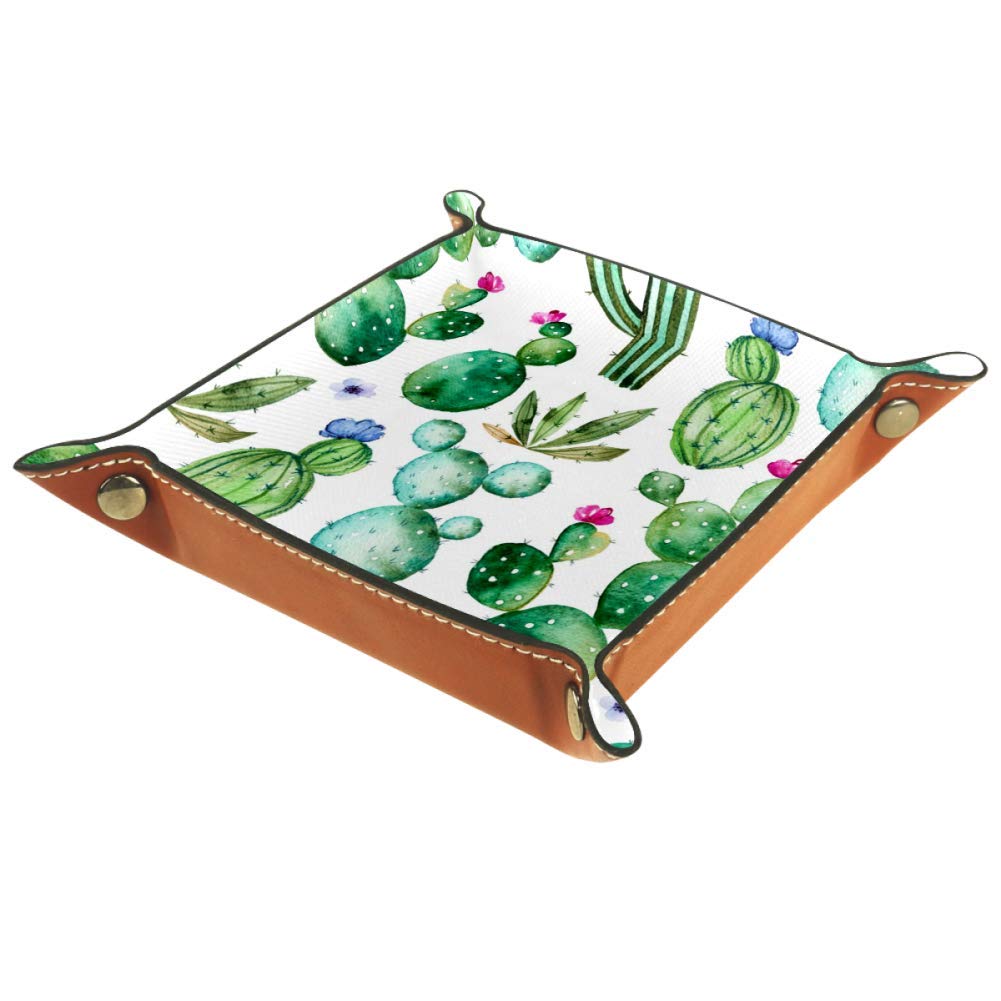 AISSO Leather Valet Tray with Watercolor Cactus Design - Jewelry Organizer Box for Watches, Keys, Coins & Phones - Stylish Desktop Storage for Office & Home Décor