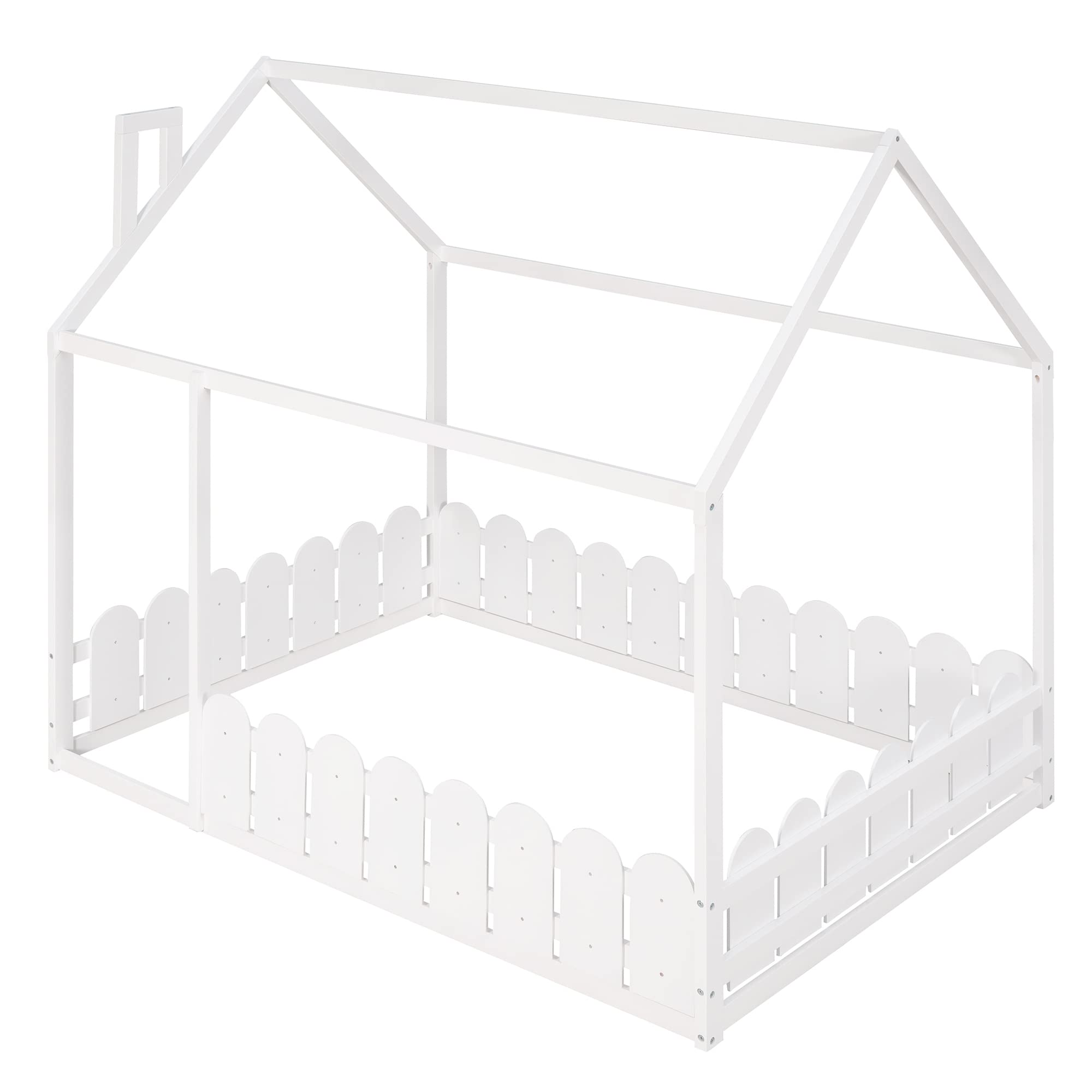 P PURLOVE Solid Wood House Bed Frame with Fence-Style Guardrails - Twin/Full Size Kids Bed for Boys & Girls (Slats Not Included, White) - Perfect for Nursery, Kids Room & Playroom Decor