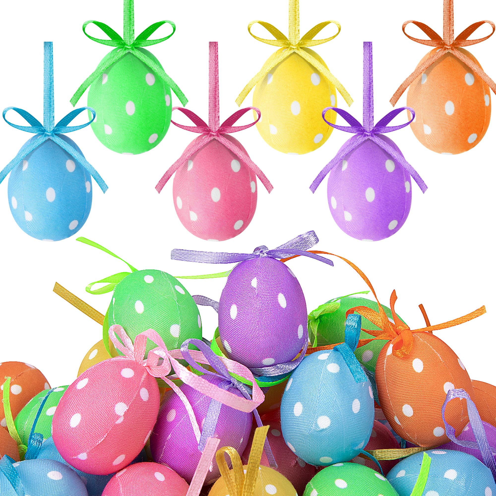 30 Pcs Easter Hanging Eggs - Mini Fabric Wrapped Easter Decorations with Bow, Dotted Easter Egg Ornaments for Party, Birthday, Home & Garden Decor - Perfect for Easter Tree, Spring Celebrations & Festive DIY Crafts